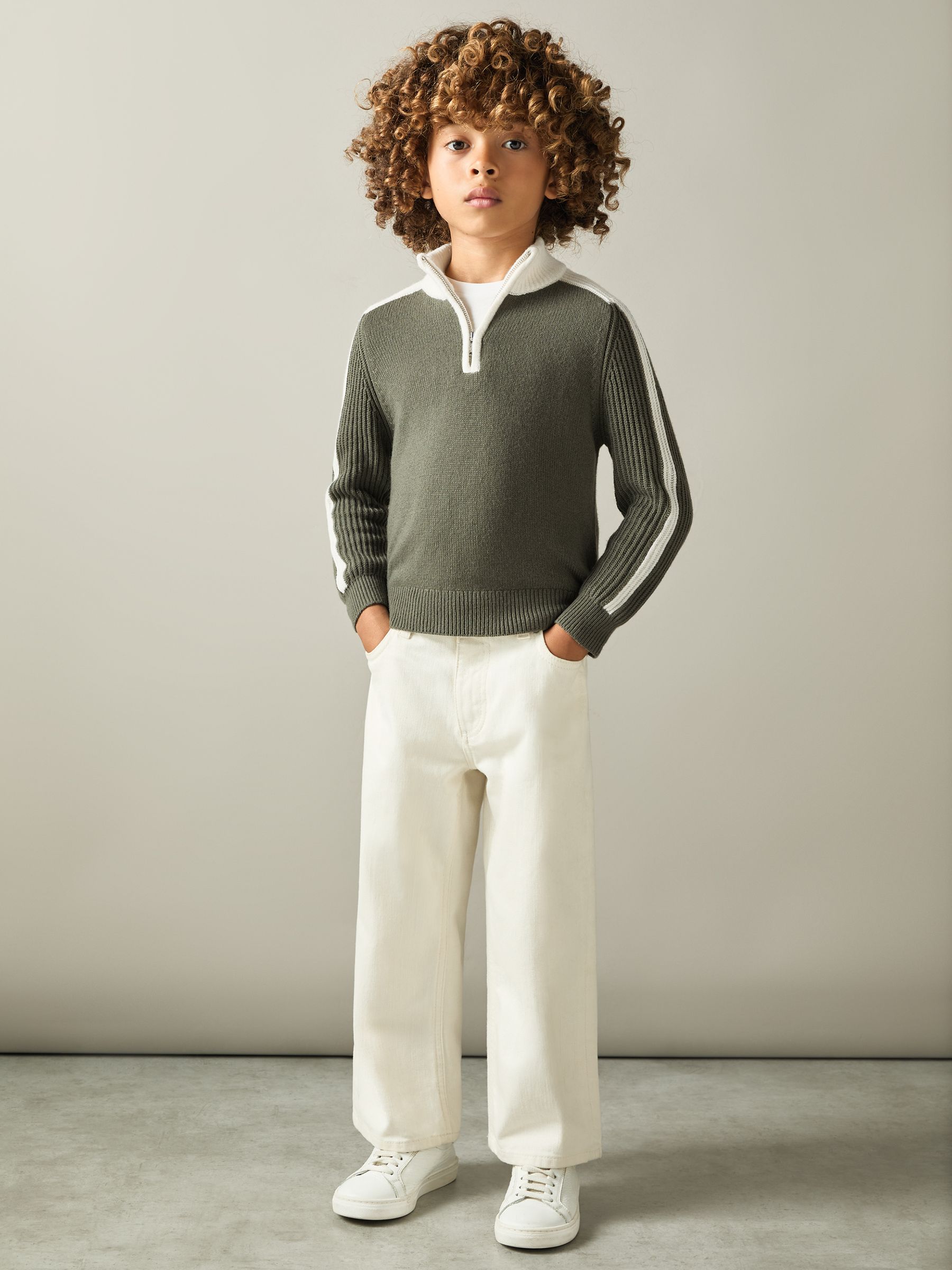 3-9 yrs Zipped Funnel-Neck Jumper with Wool and Cotton in Sage/White - Image 3 of 4