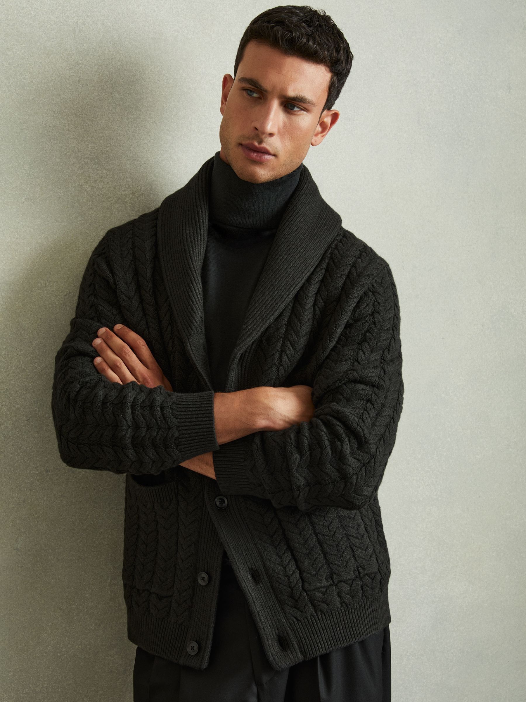 Cabled Shawl-Collar Cardigan with Cotton and Wool in Forest Green - Image 1 of 6