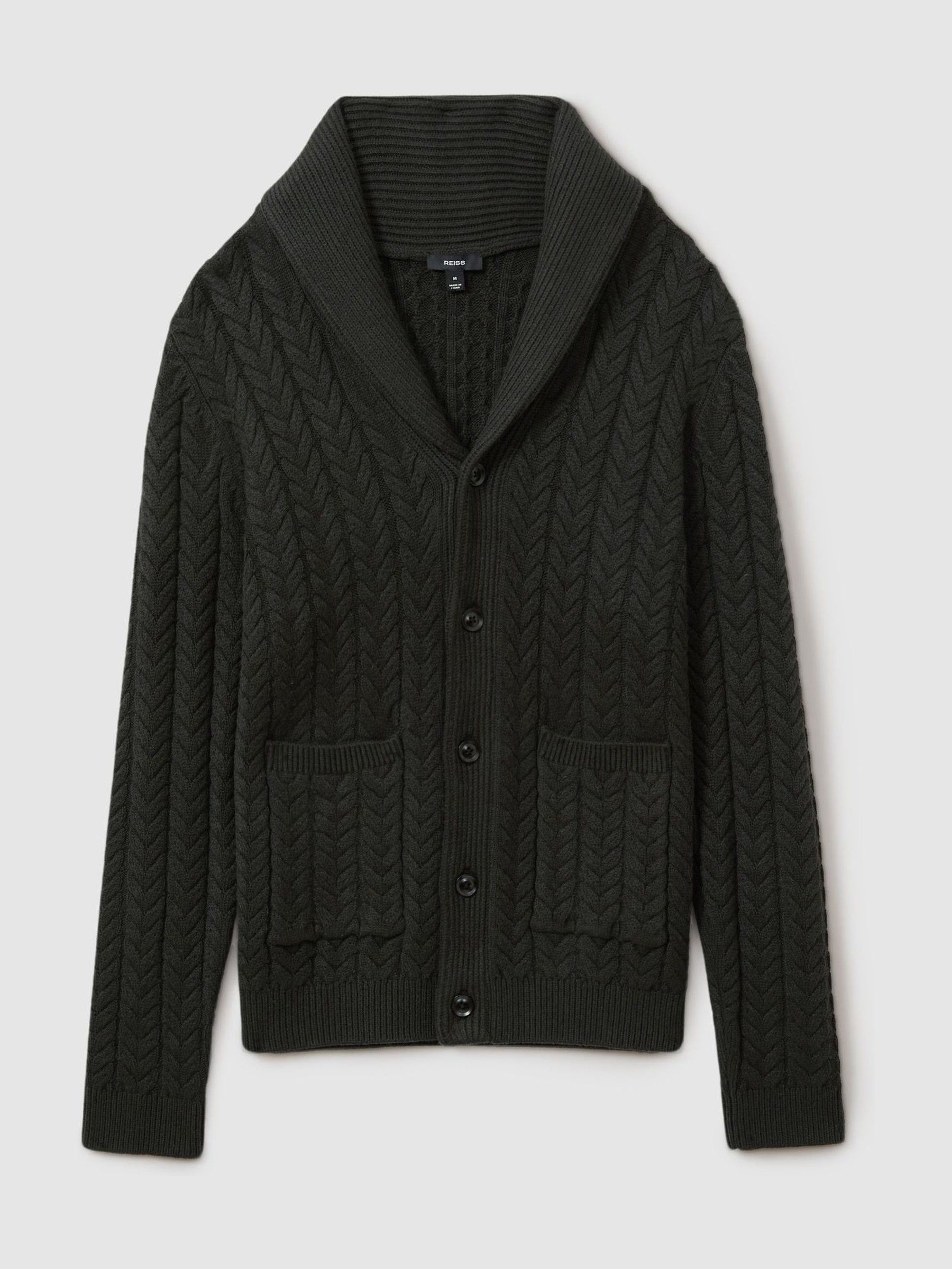 Cabled Shawl-Collar Cardigan with Cotton and Wool in Forest Green - Image 2 of 6