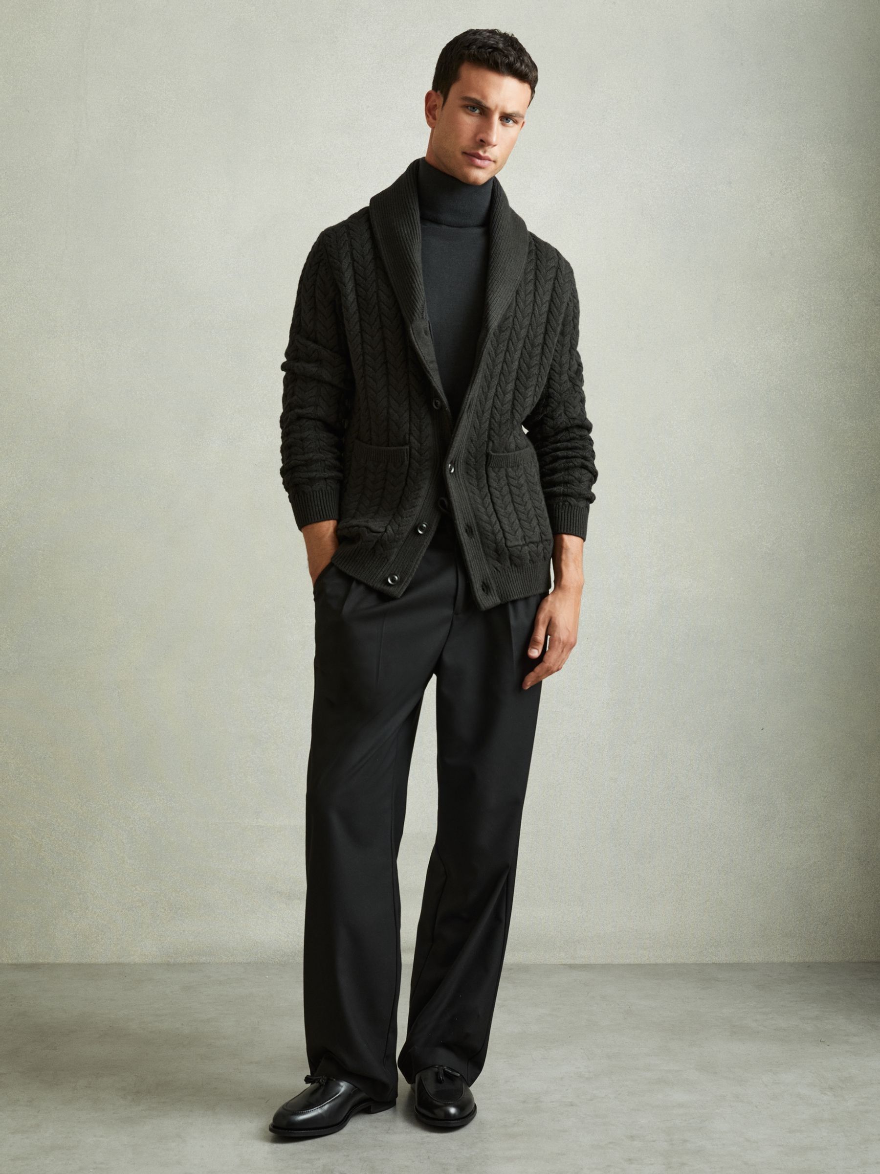 Cabled Shawl-Collar Cardigan with Cotton and Wool in Forest Green - Image 3 of 6
