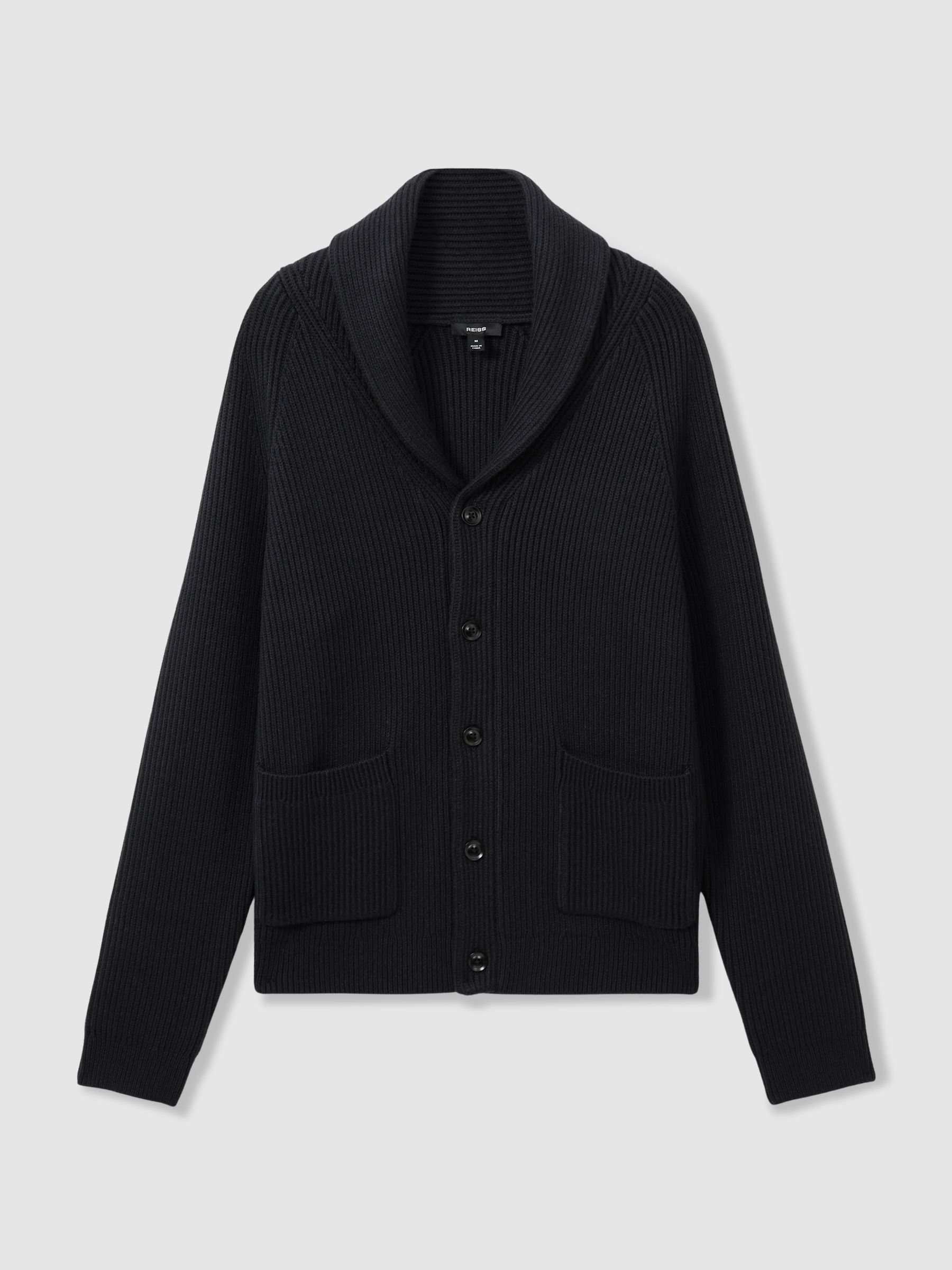 Ribbed Shawl-Collar Cardigan with Cotton and Wool in Navy - Image 2 of 6
