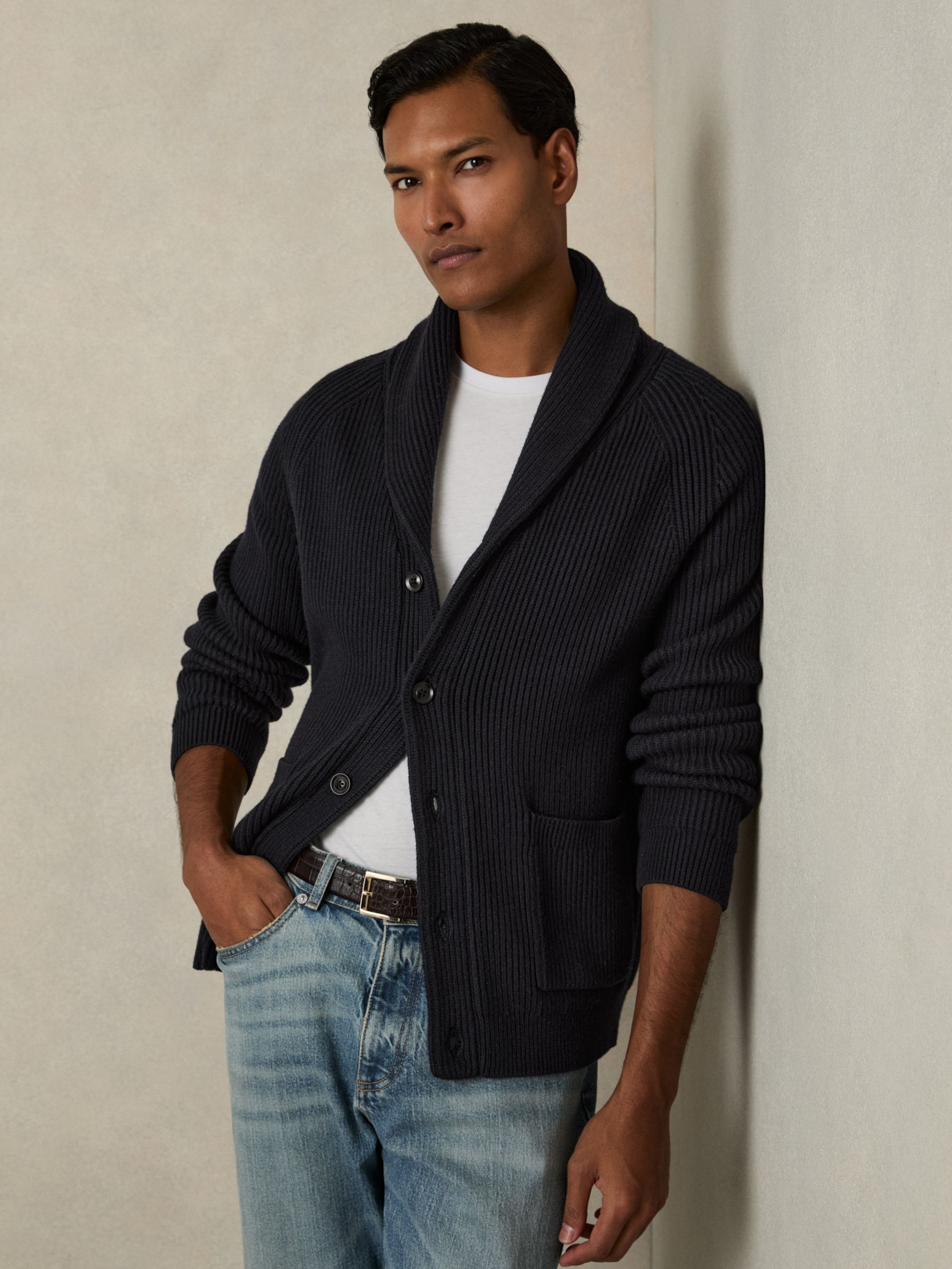 Ribbed Shawl-Collar Cardigan with Cotton and Wool in Navy - Image 3 of 6