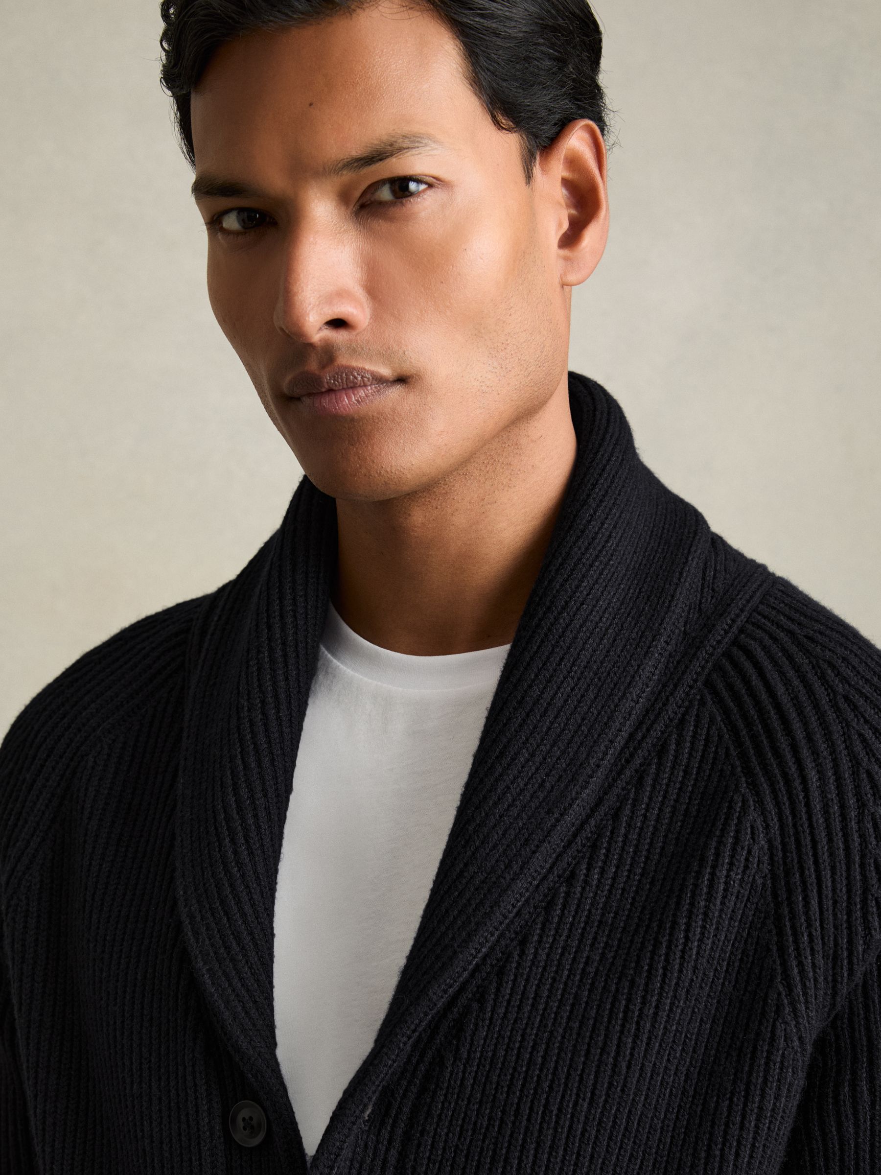 Ribbed Shawl-Collar Cardigan with Cotton and Wool in Navy - Image 4 of 6