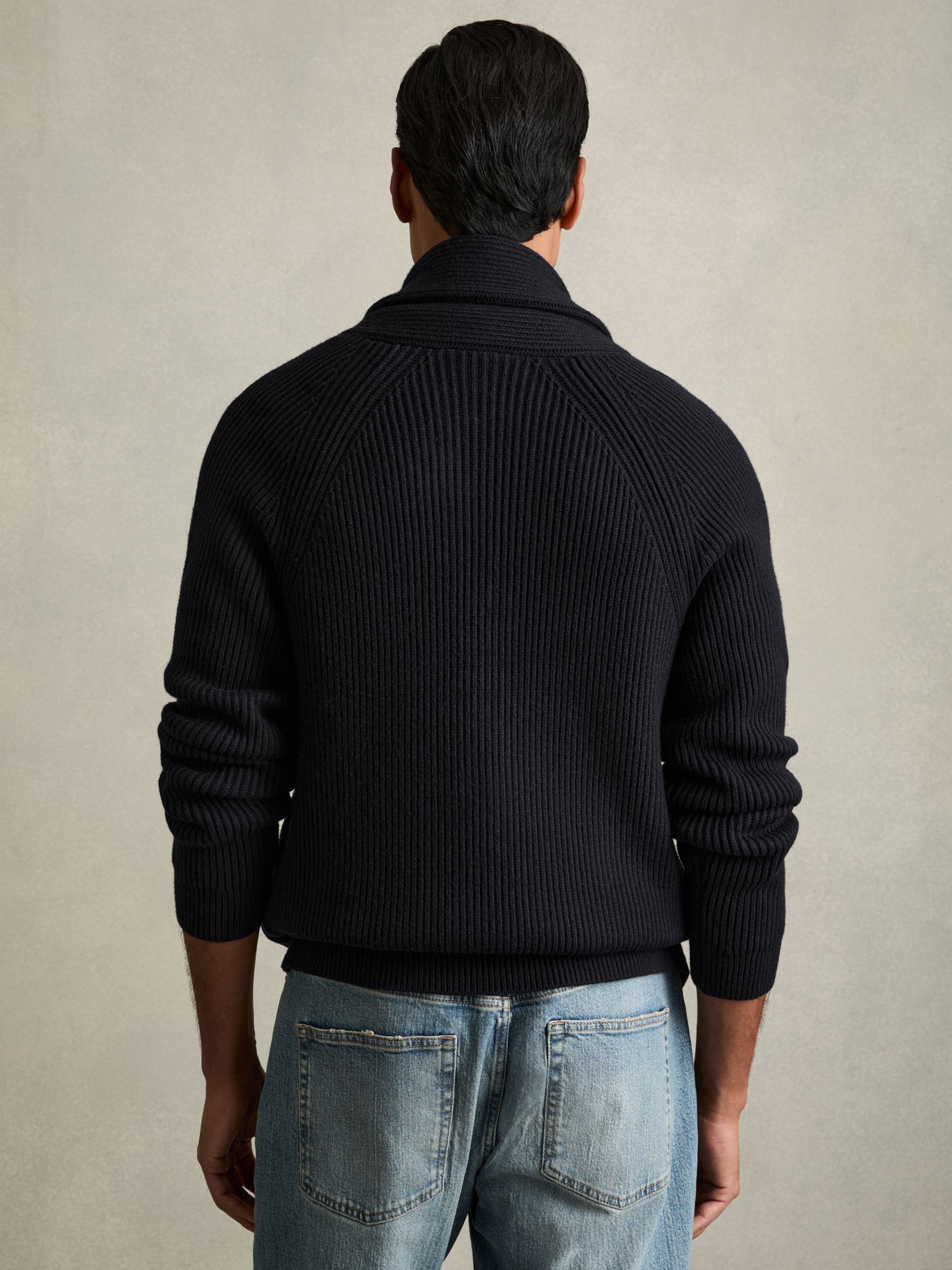 Ribbed Shawl-Collar Cardigan with Cotton and Wool in Navy - Image 5 of 6