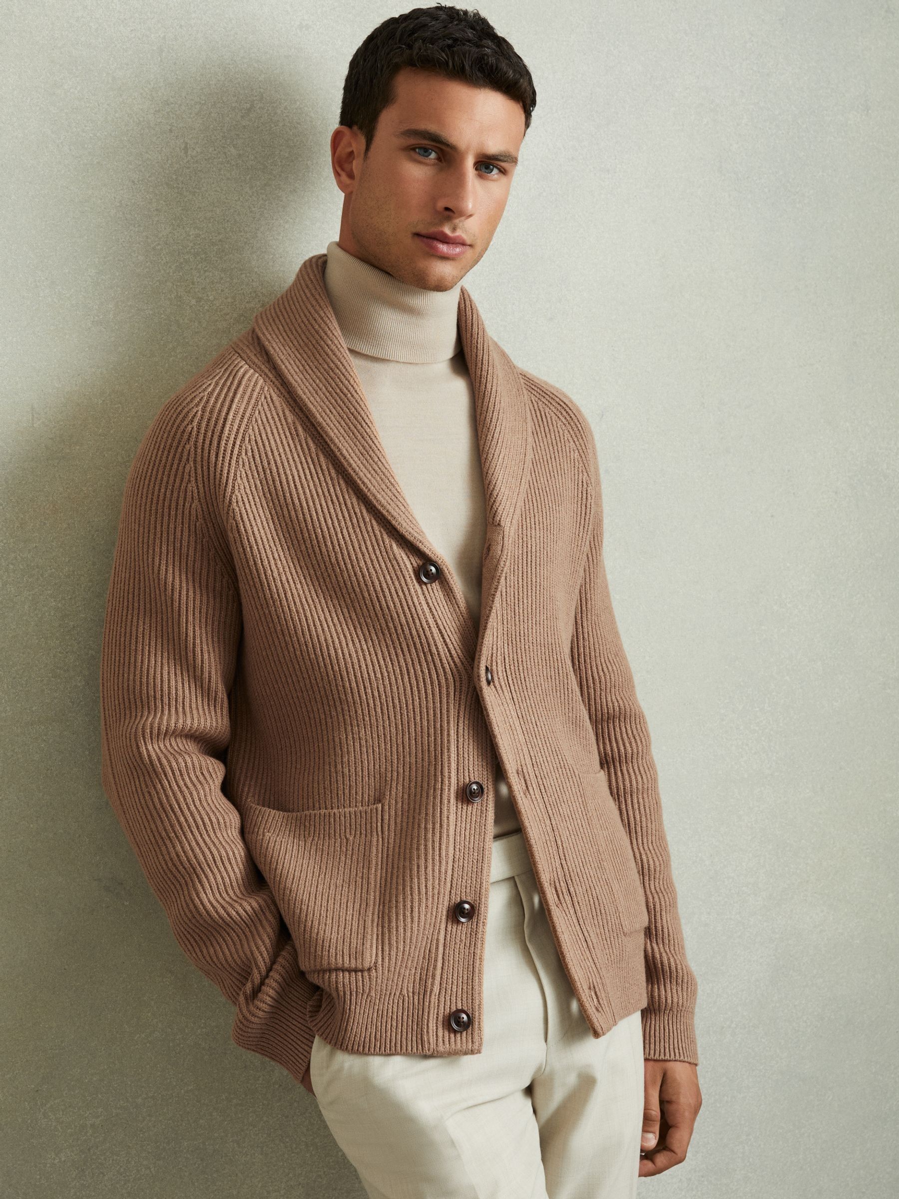 Ribbed Shawl-Collar Cardigan with Cotton and Wool in Camel - Image 1 of 6