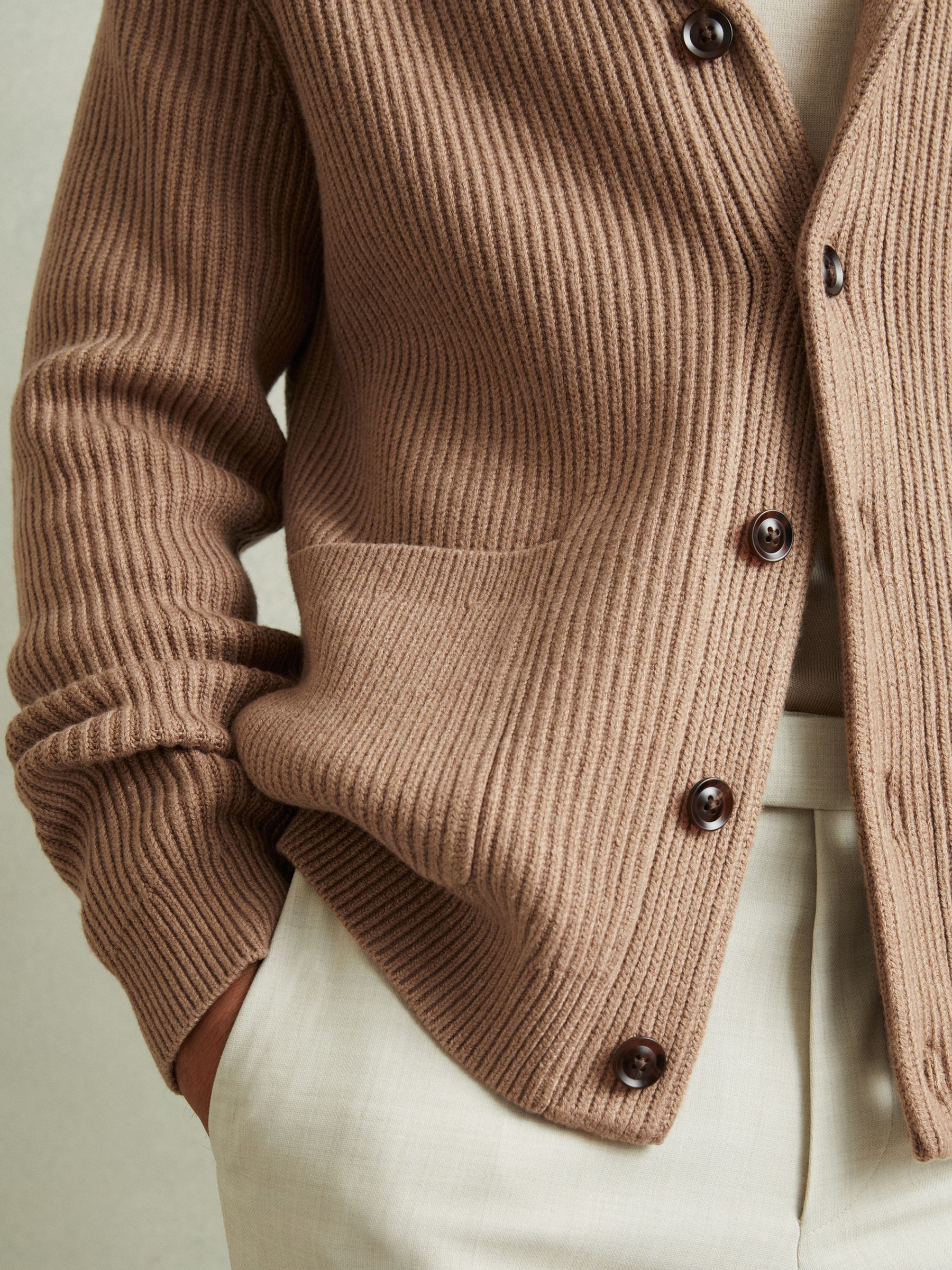 Ribbed Shawl-Collar Cardigan with Cotton and Wool in Camel - Image 3 of 6