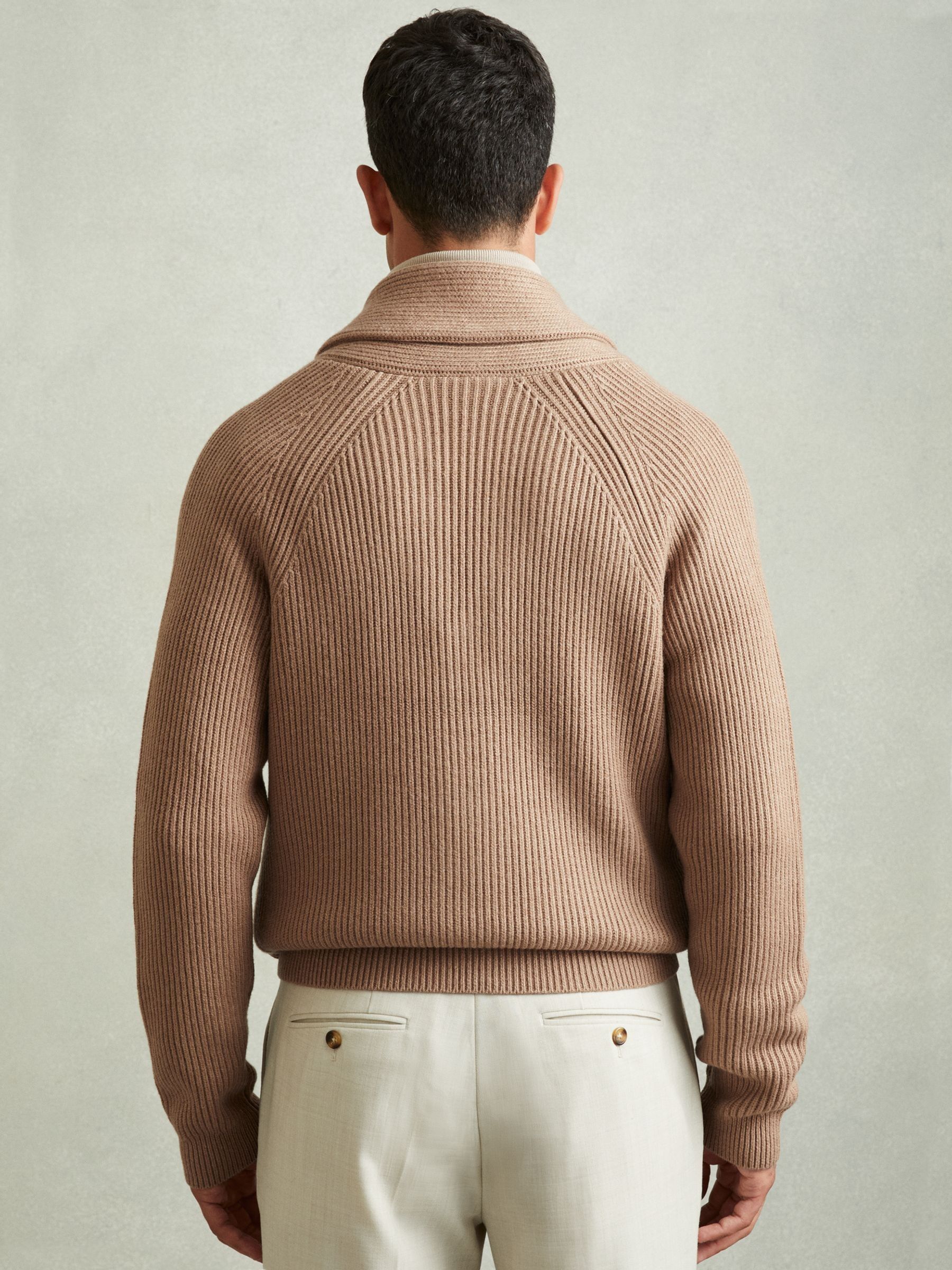 Ribbed Shawl-Collar Cardigan with Cotton and Wool in Camel - Image 4 of 6