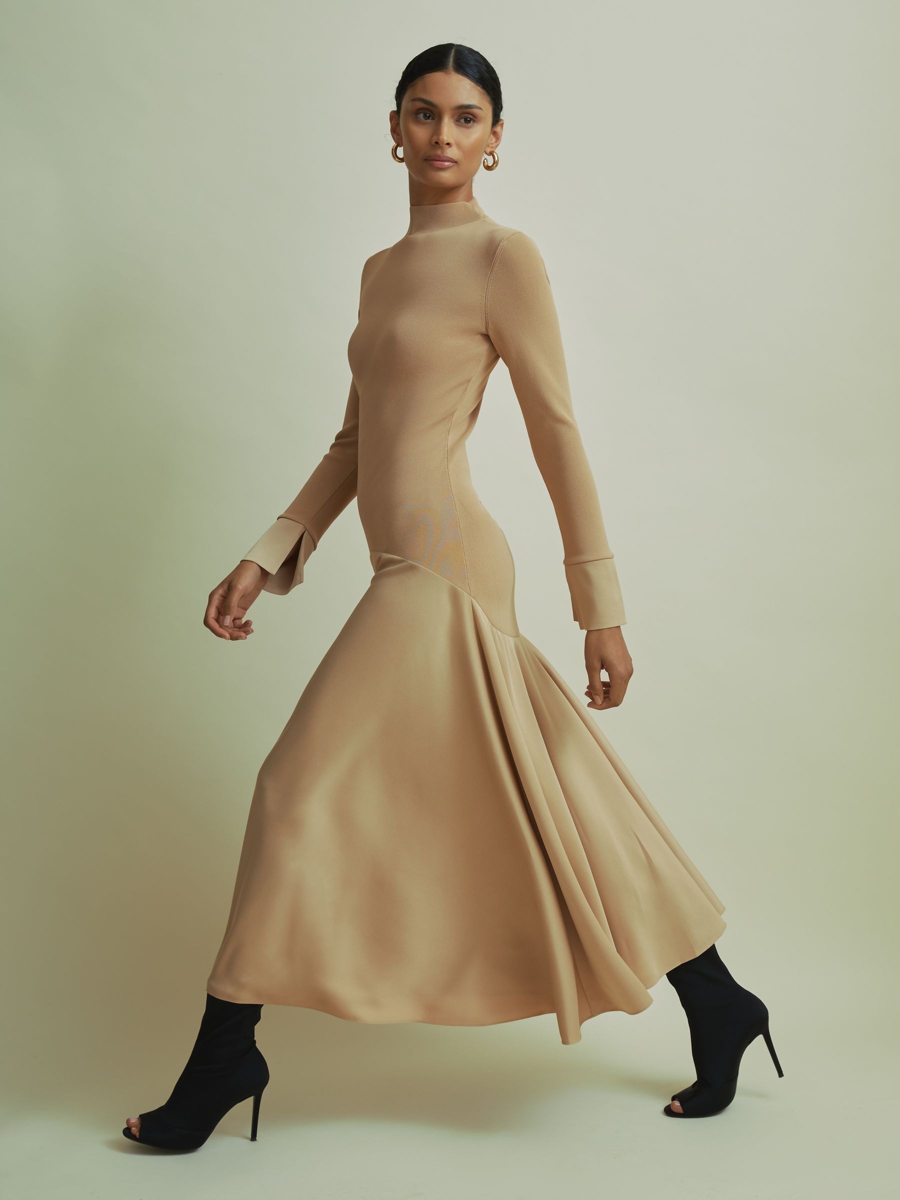 florere hybrid knit-satin midi dress Reiss in Sand NewRestock