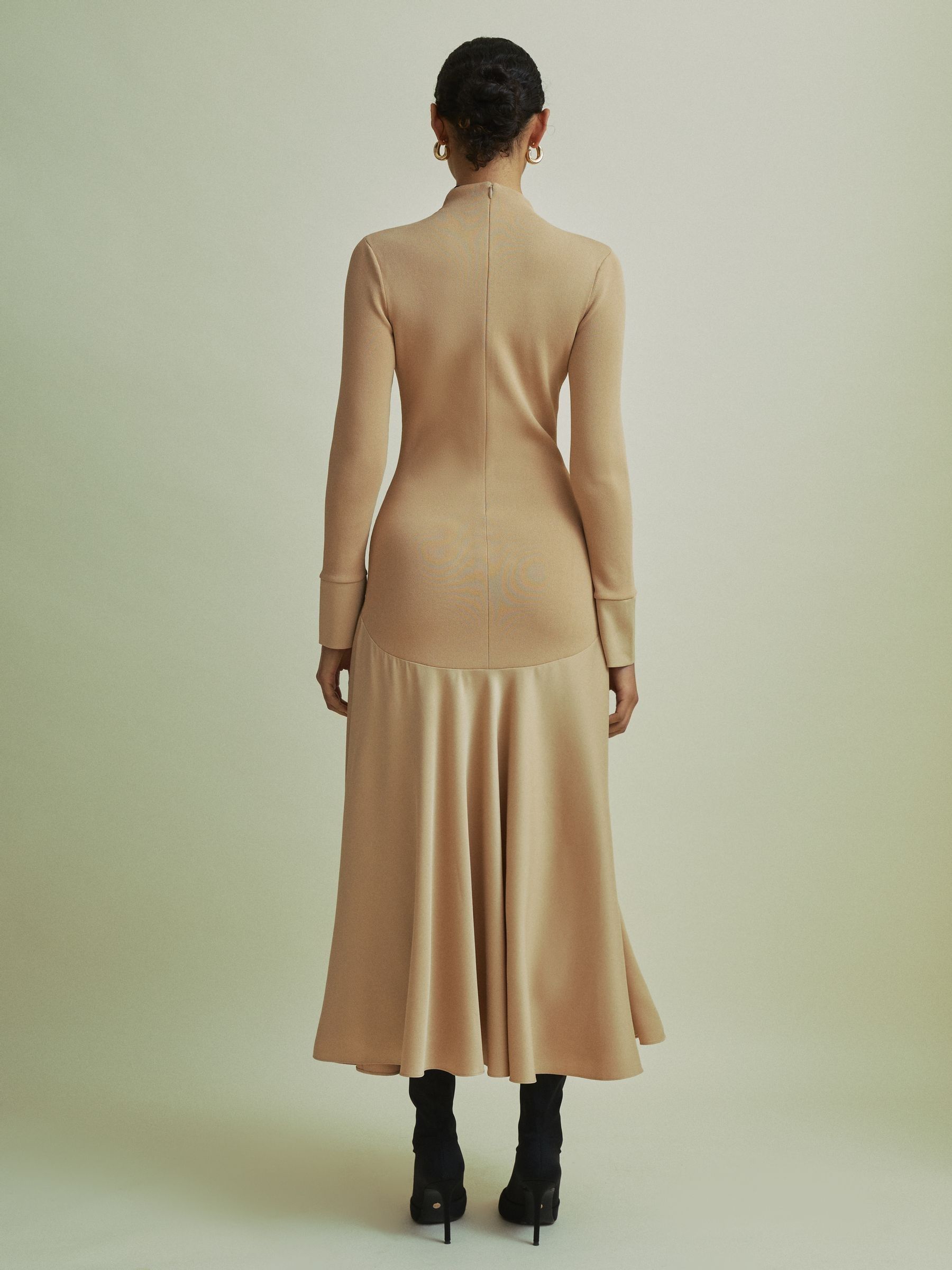 Florere Hybrid Knit-Satin Midi Dress in Sand - Image 3 of 6