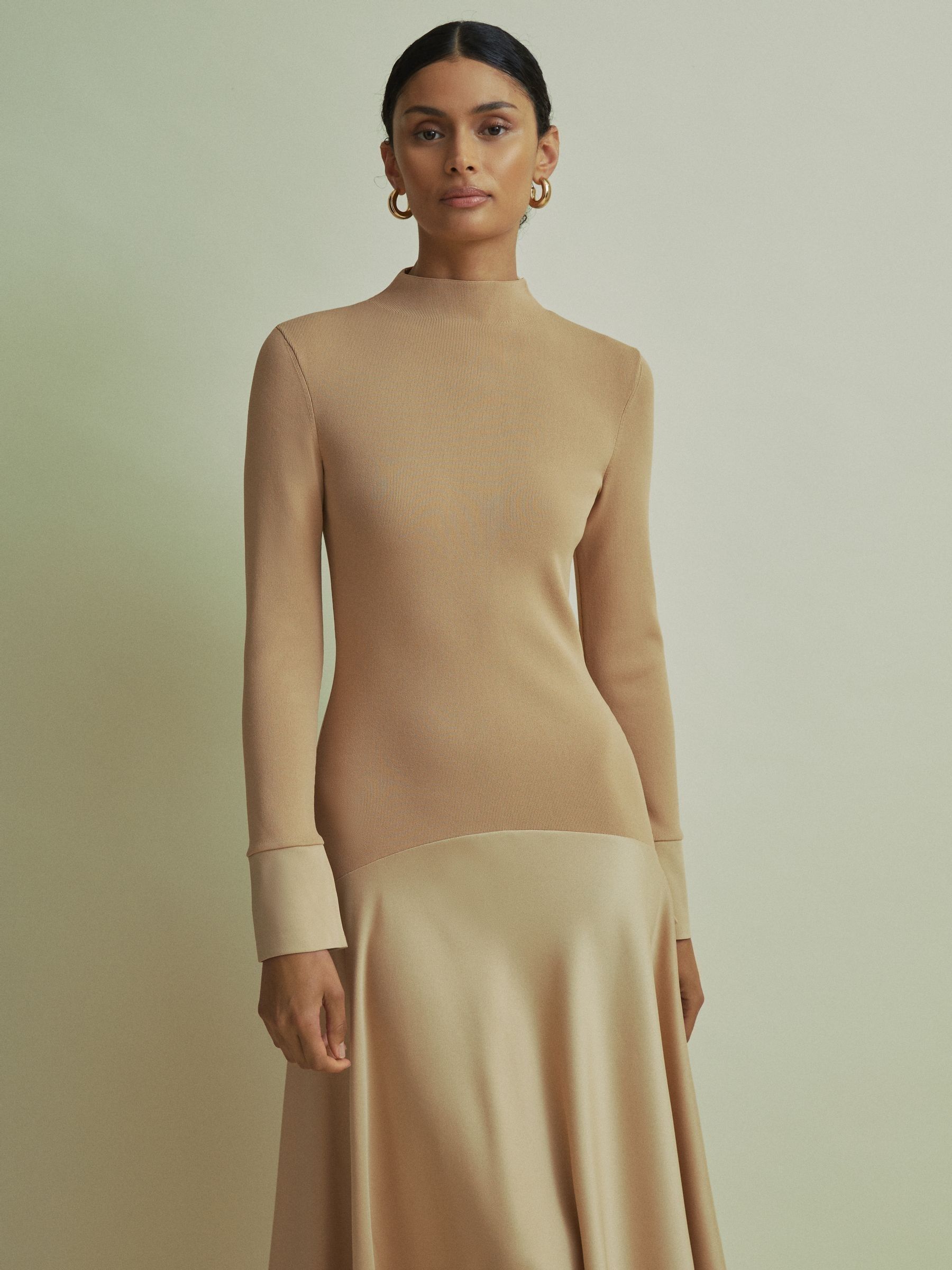 Florere Hybrid Knit-Satin Midi Dress in Sand - Image 5 of 6