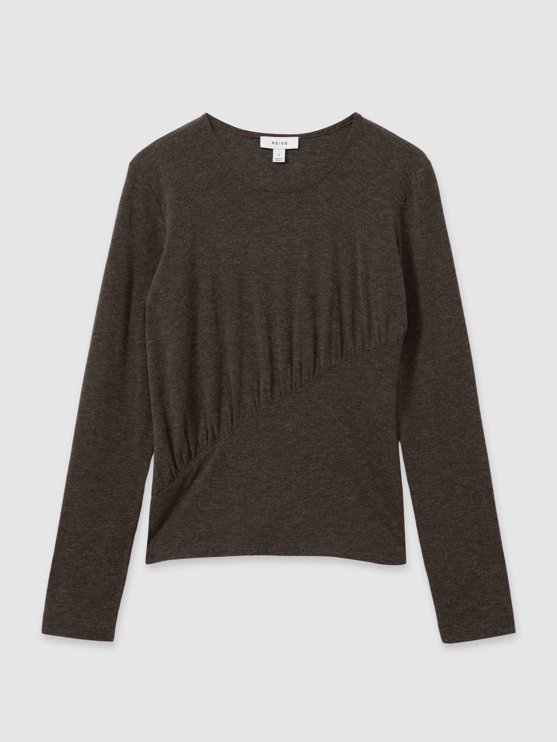Marled Asymmetric Ruched Top in Chocolate - Image 2 of 5