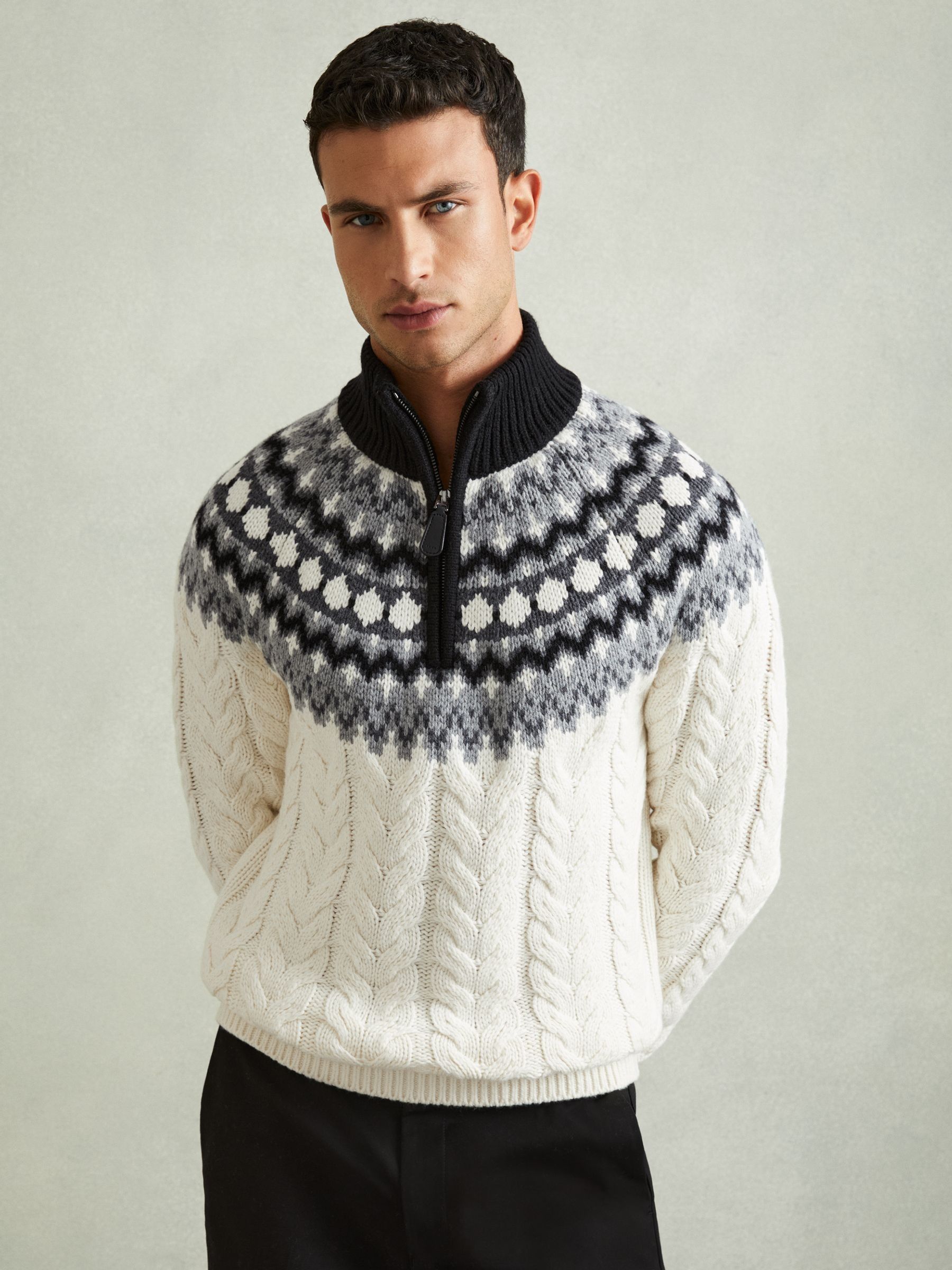 Zipped Jumper with Cotton and Wool in Black/White - Image 1 of 6
