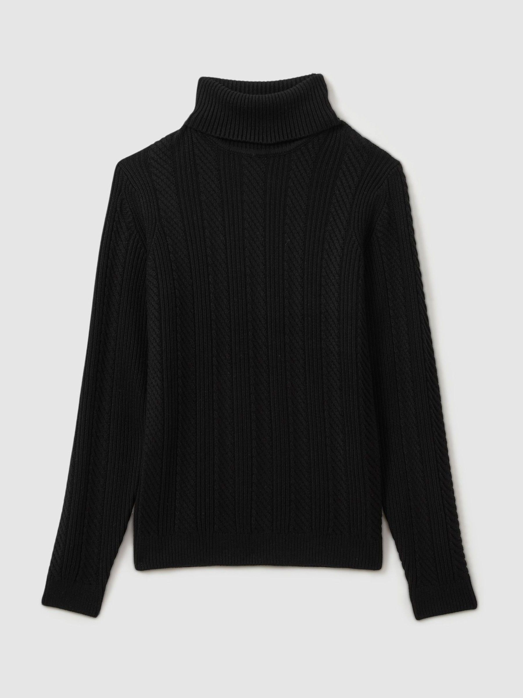 Cabled Roll-Neck Jumper with Cotton and Wool in Black - Image 2 of 7