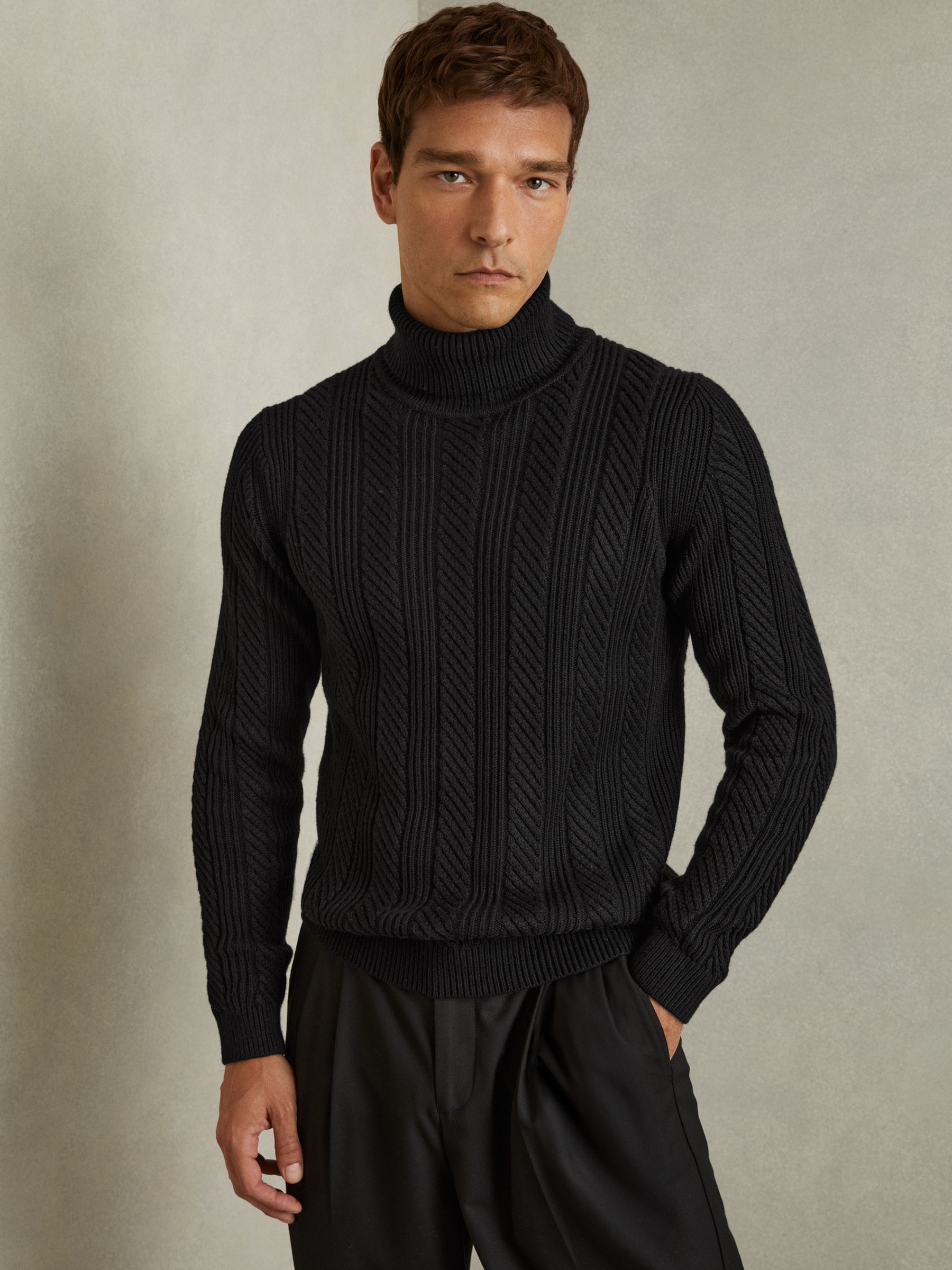 Cabled Roll-Neck Jumper with Cotton and Wool in Black - Image 3 of 7