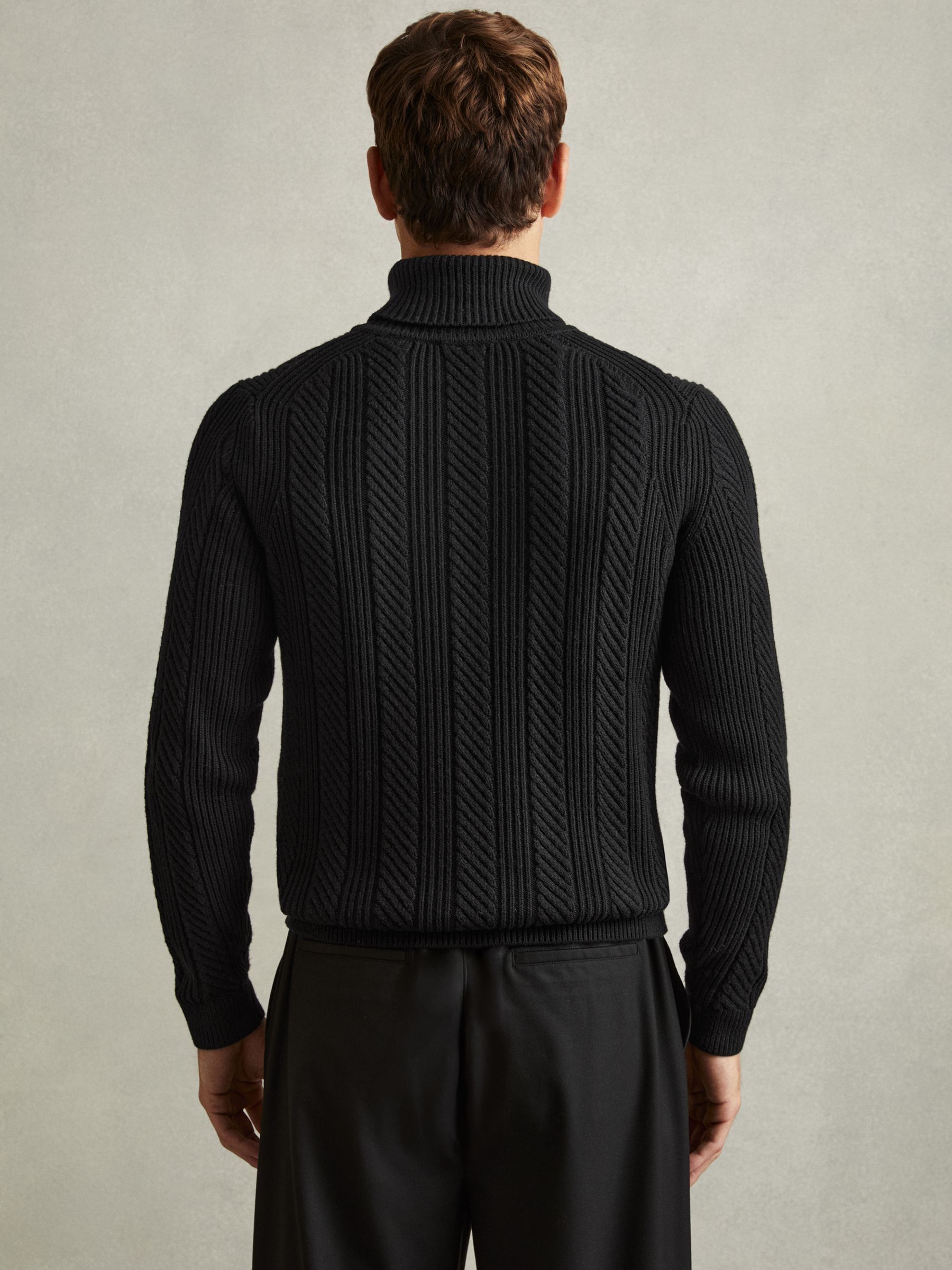 Cabled Roll-Neck Jumper with Cotton and Wool in Black - Image 5 of 7