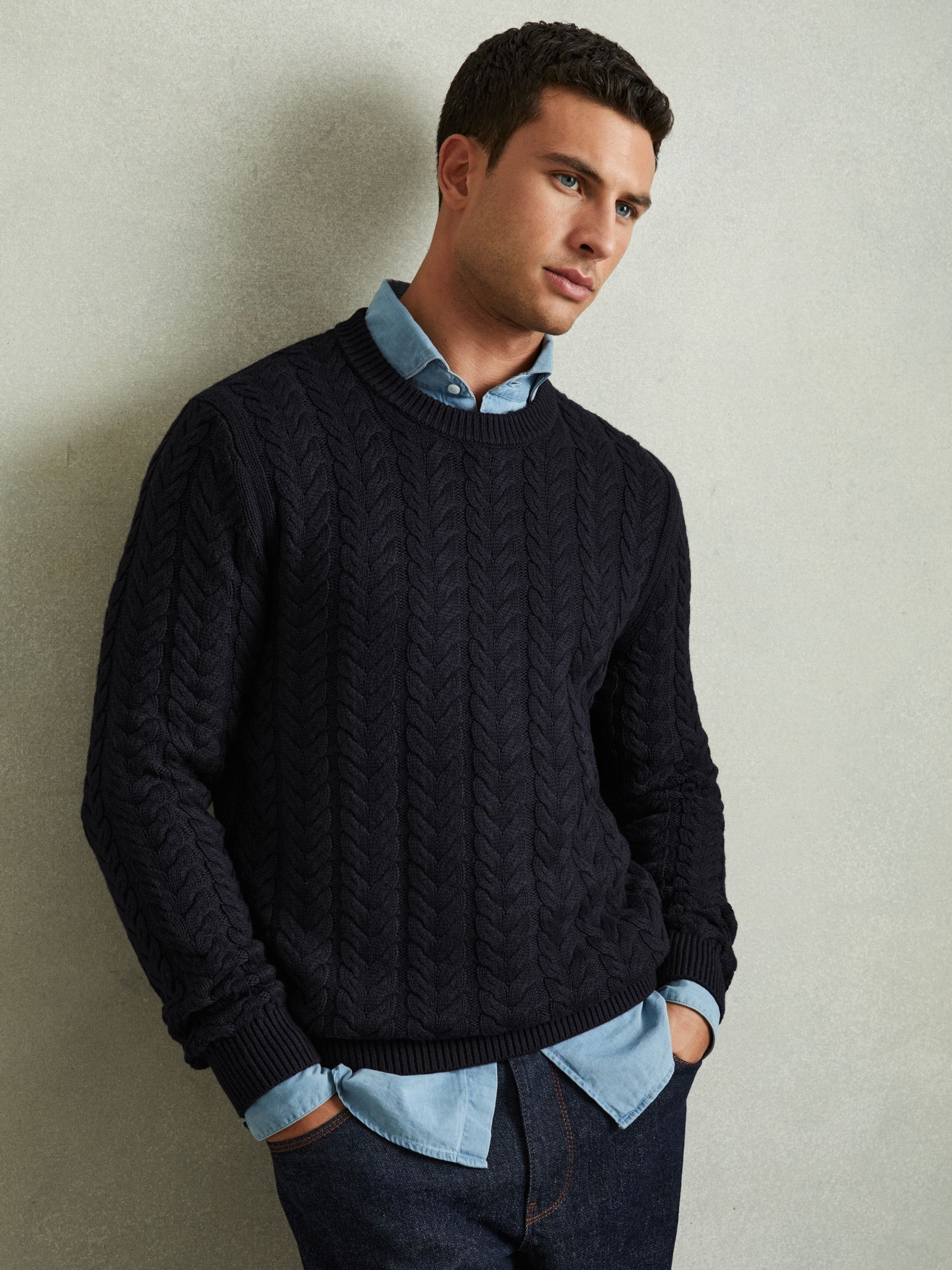 Cable Knitted Jumper with Cotton and Wool in Navy - Image 1 of 5