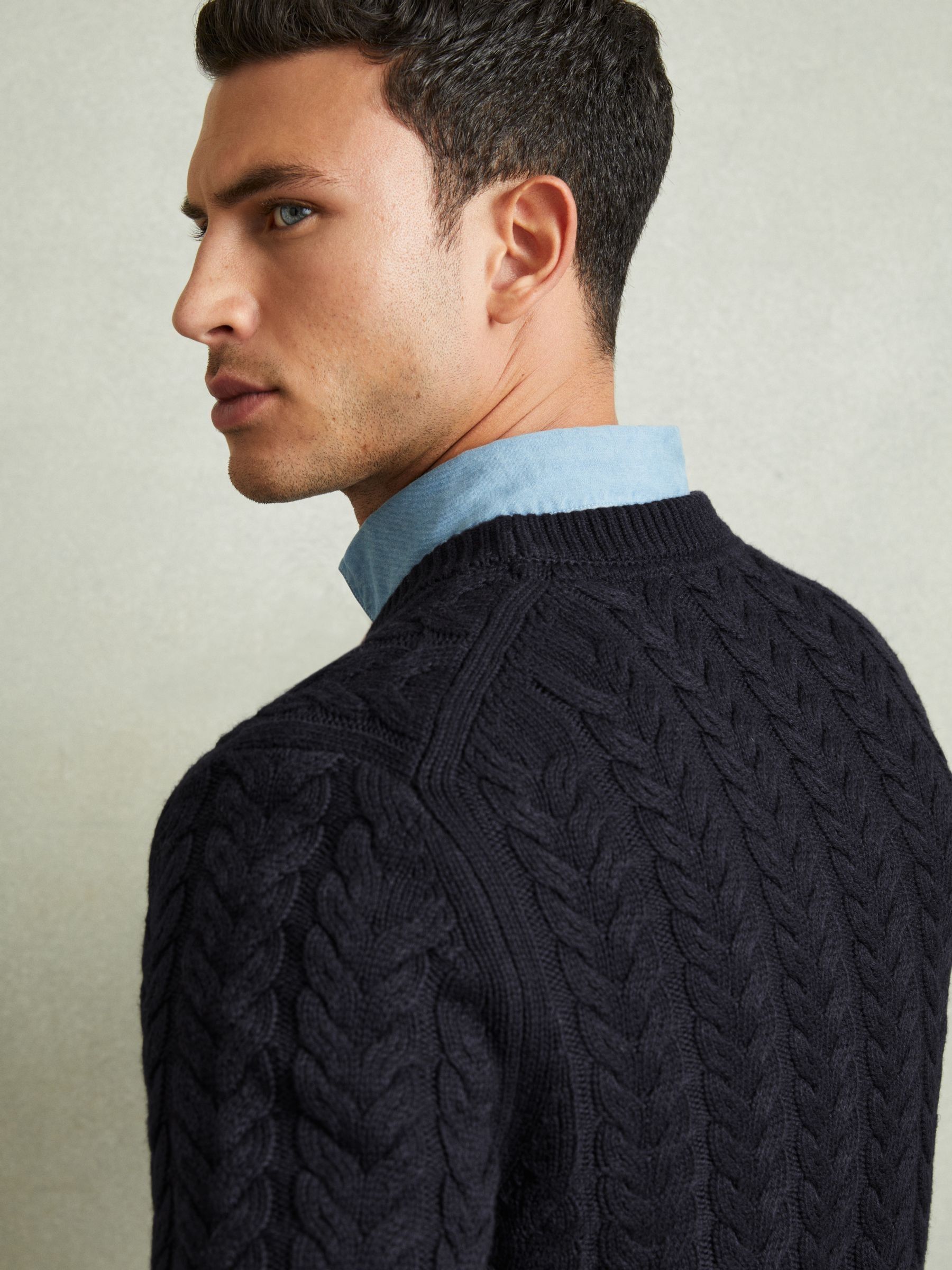 Cable Knitted Jumper with Cotton and Wool in Navy - Image 3 of 5