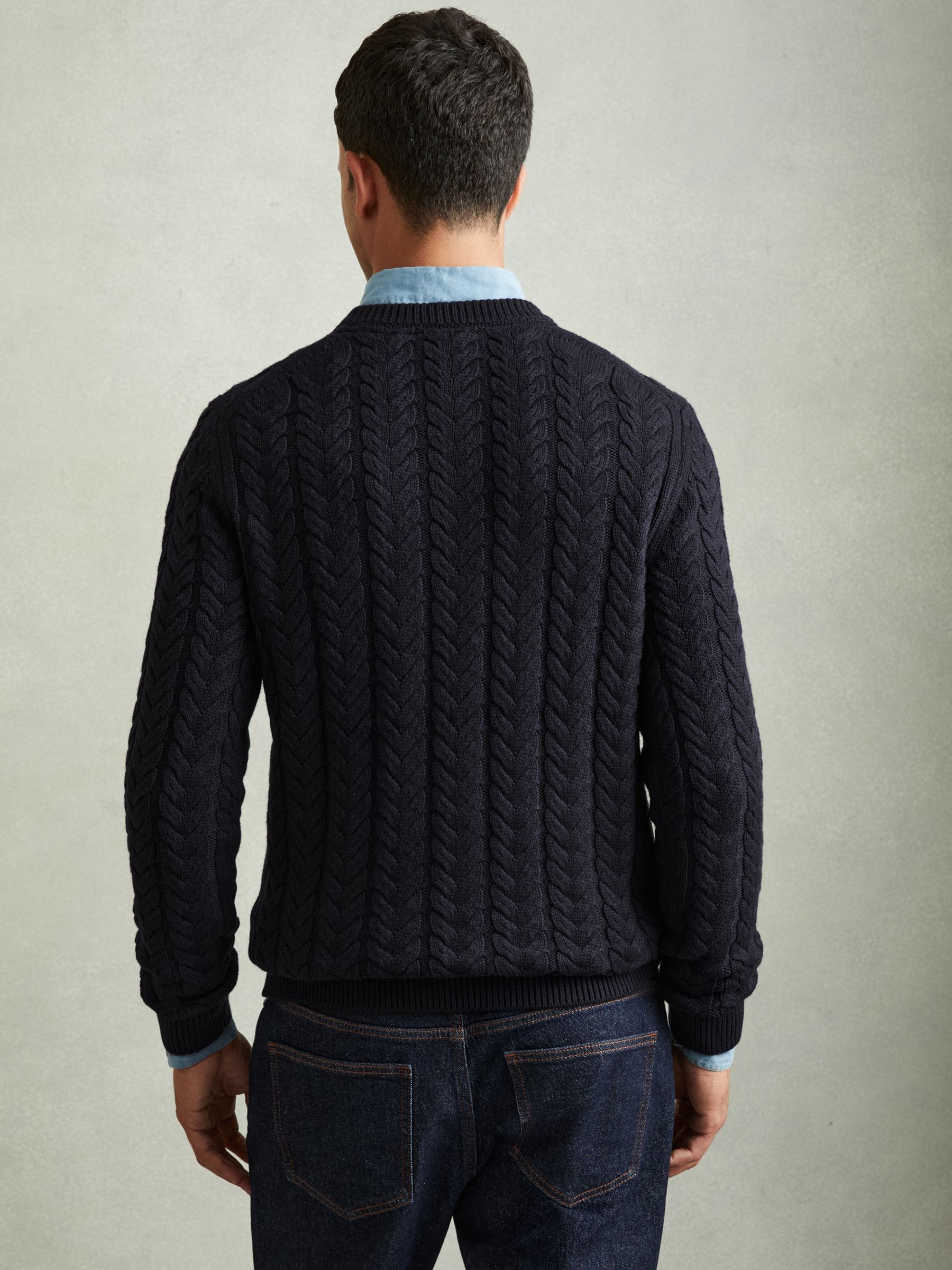 Cable Knitted Jumper with Cotton and Wool in Navy - Image 4 of 5