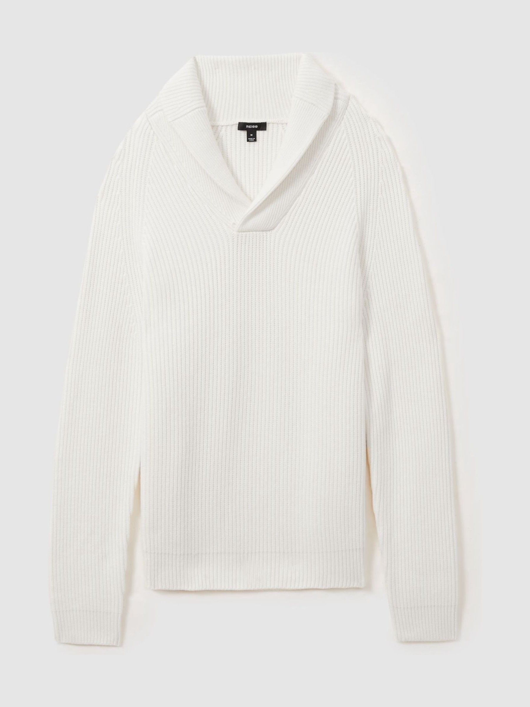 Ribbed Shawl Collar Jumper with Cotton and Wool in White - Image 2 of 6