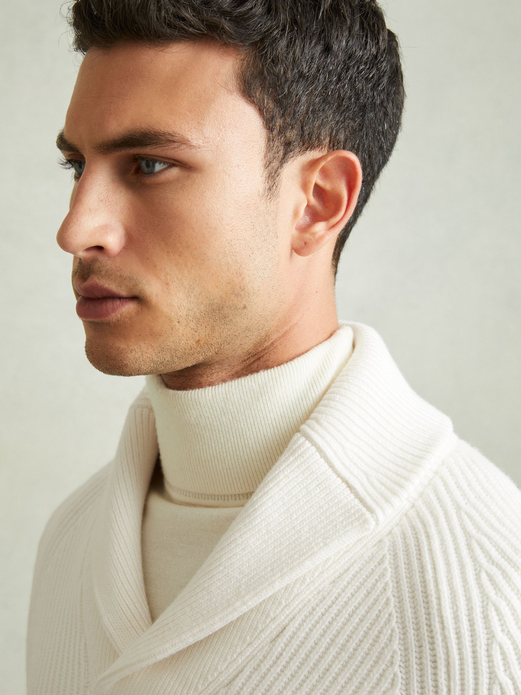 Ribbed Shawl Collar Jumper with Cotton and Wool in White - Image 4 of 6