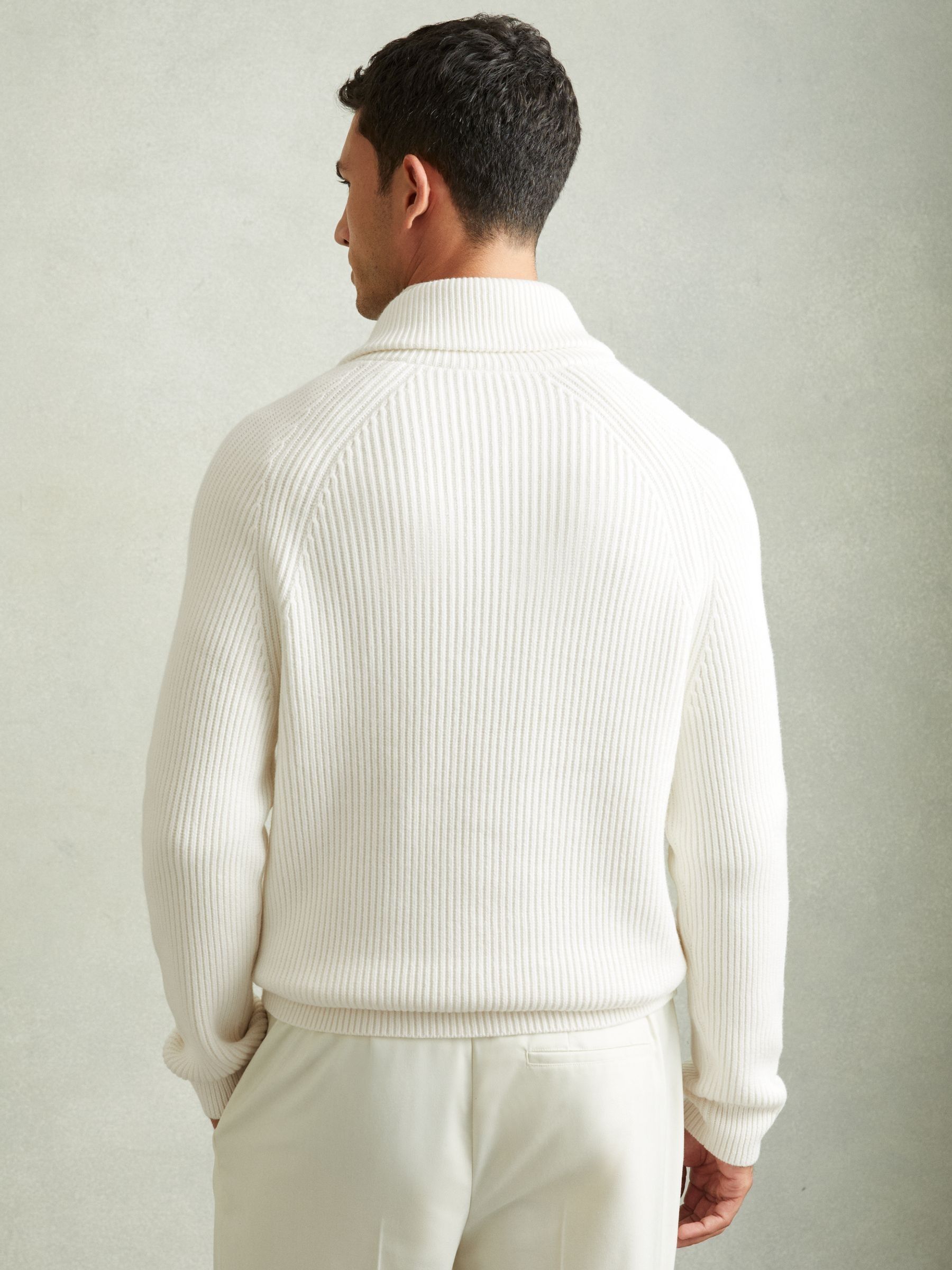 Ribbed Shawl Collar Jumper with Cotton and Wool in White - Image 5 of 6
