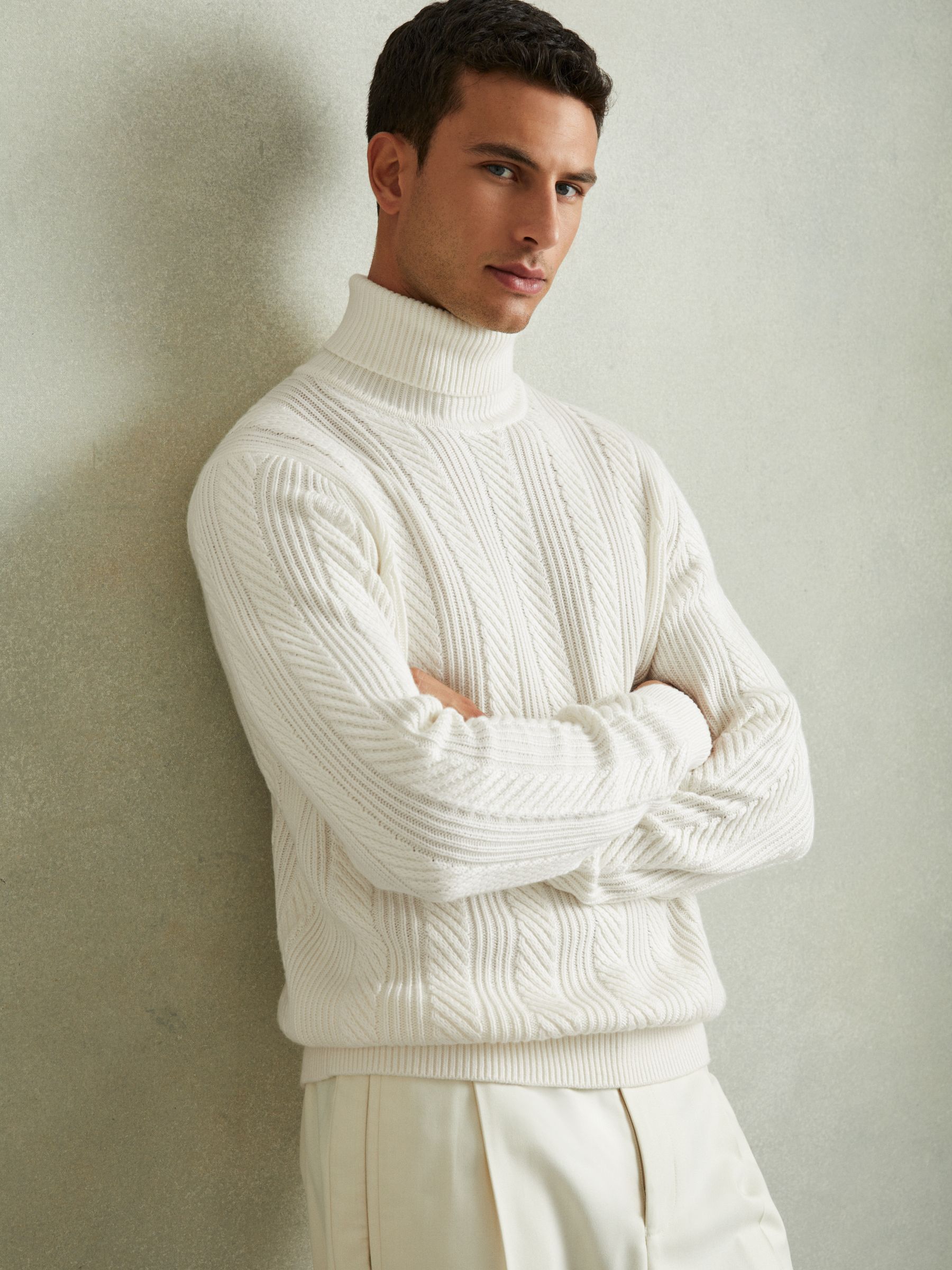 Cabled Roll-Neck Jumper with Cotton and Wool in White - Image 1 of 6