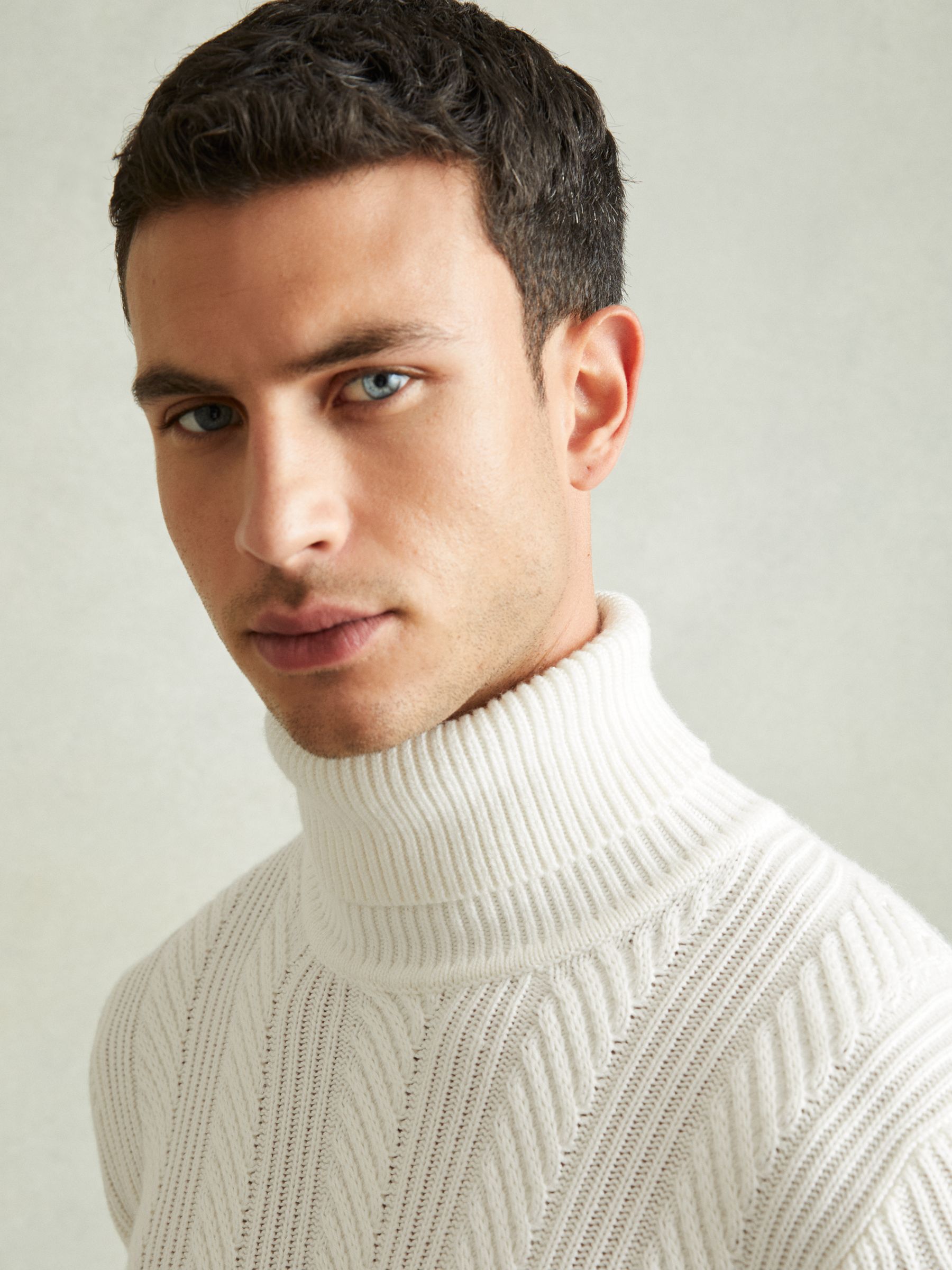 Cabled Roll-Neck Jumper with Cotton and Wool in White - Image 3 of 6