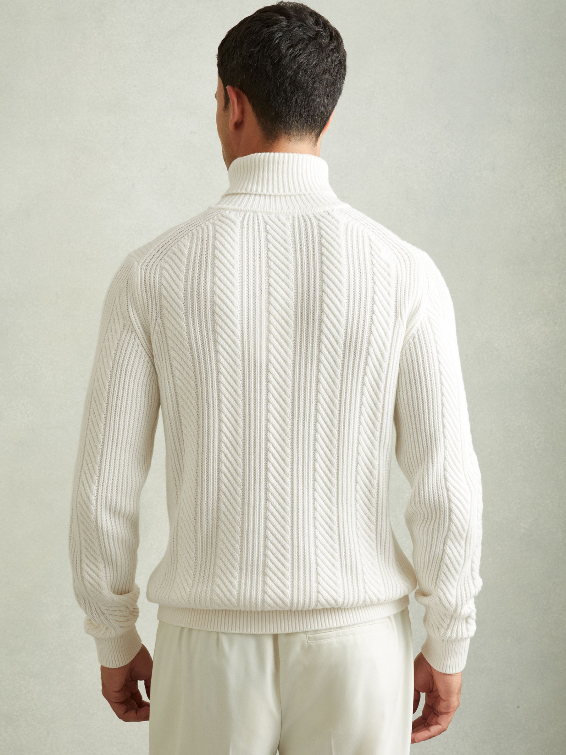 Cabled Roll-Neck Jumper with Cotton and Wool in White - Image 4 of 6