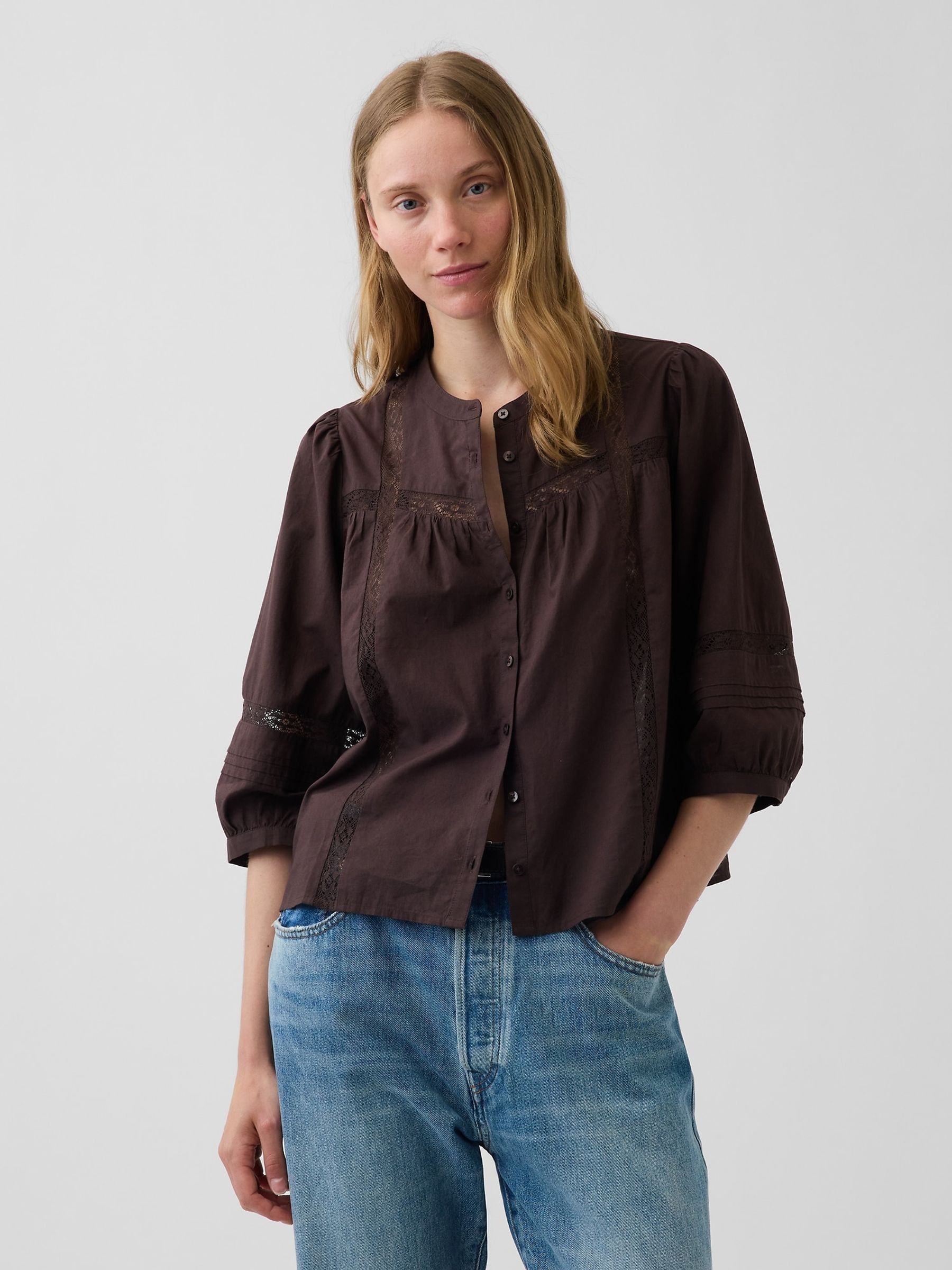 Brown Lace-Trim Button-Front Swing Top - Image 1 of 4 Brown Lace-Trim Button-Front Swing Top - Image 1 of 4