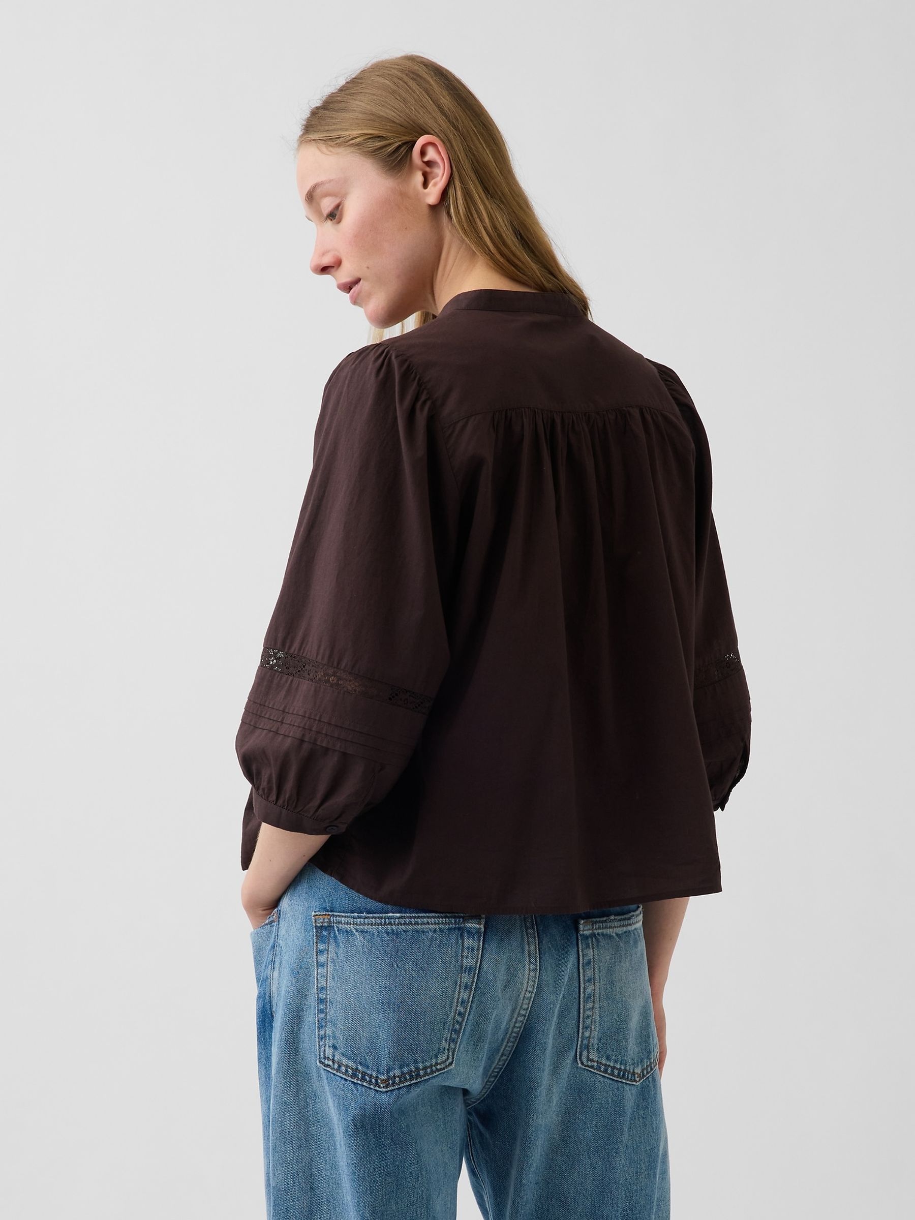 Brown Lace-Trim Button-Front Swing Top - Image 2 of 4 Brown Lace-Trim Button-Front Swing Top - Image 2 of 4
