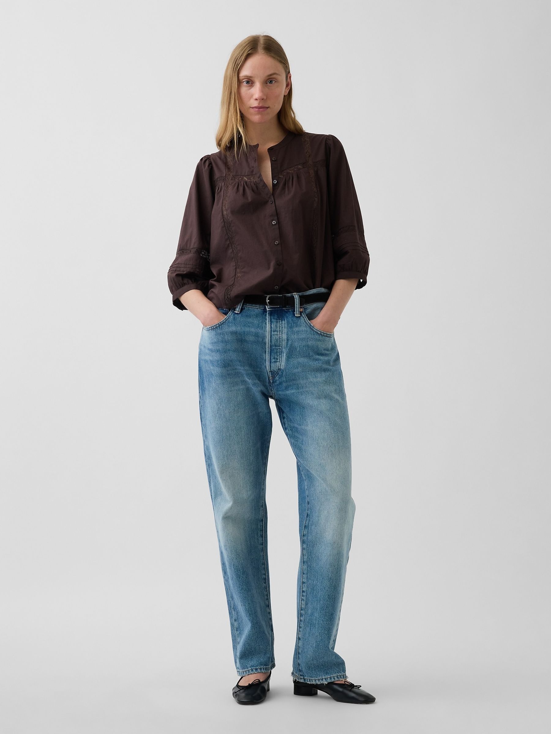 Brown Lace-Trim Button-Front Swing Top - Image 3 of 4