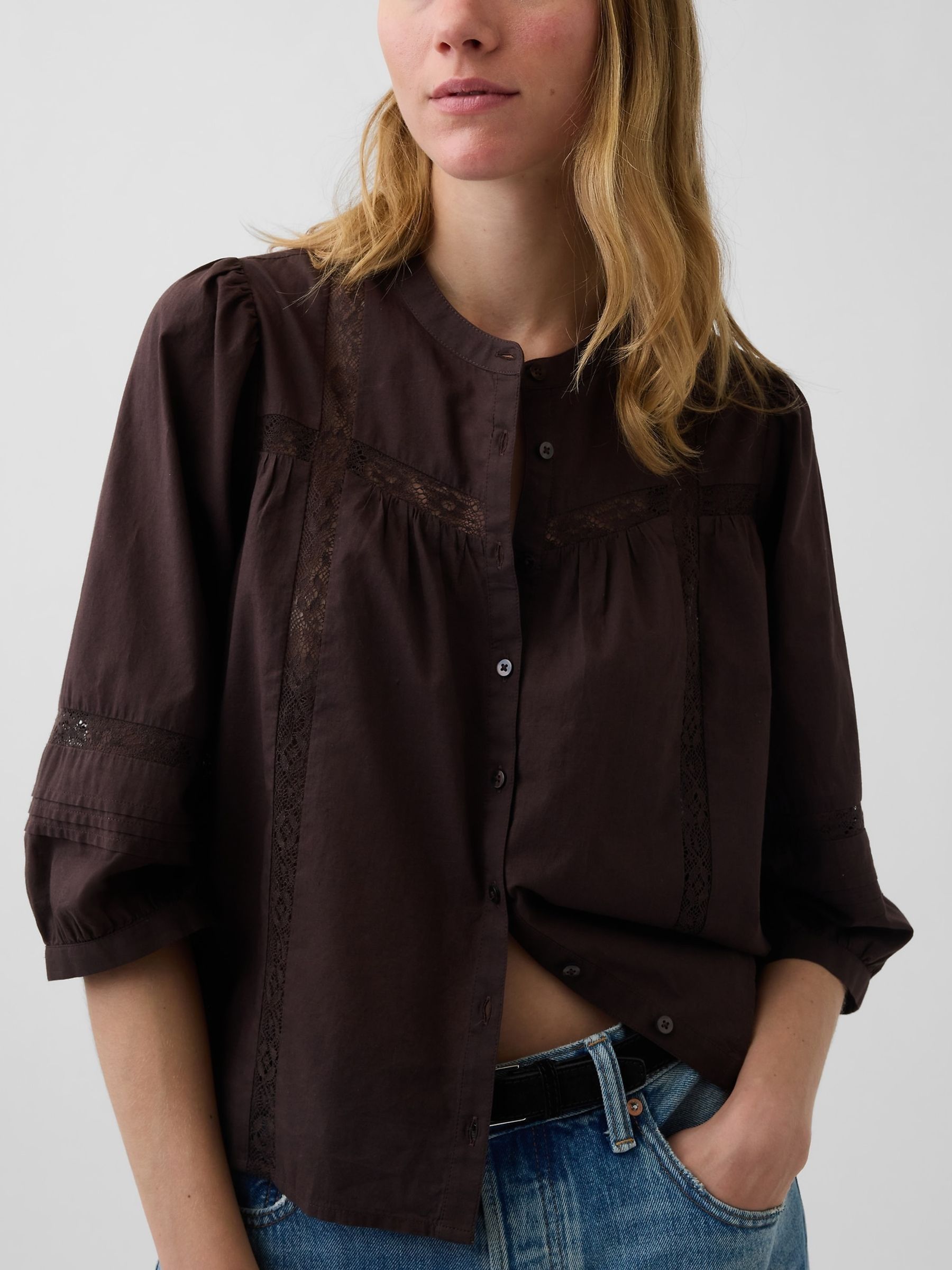 Brown Lace-Trim Button-Front Swing Top - Image 4 of 4 Brown Lace-Trim Button-Front Swing Top - Image 4 of 4