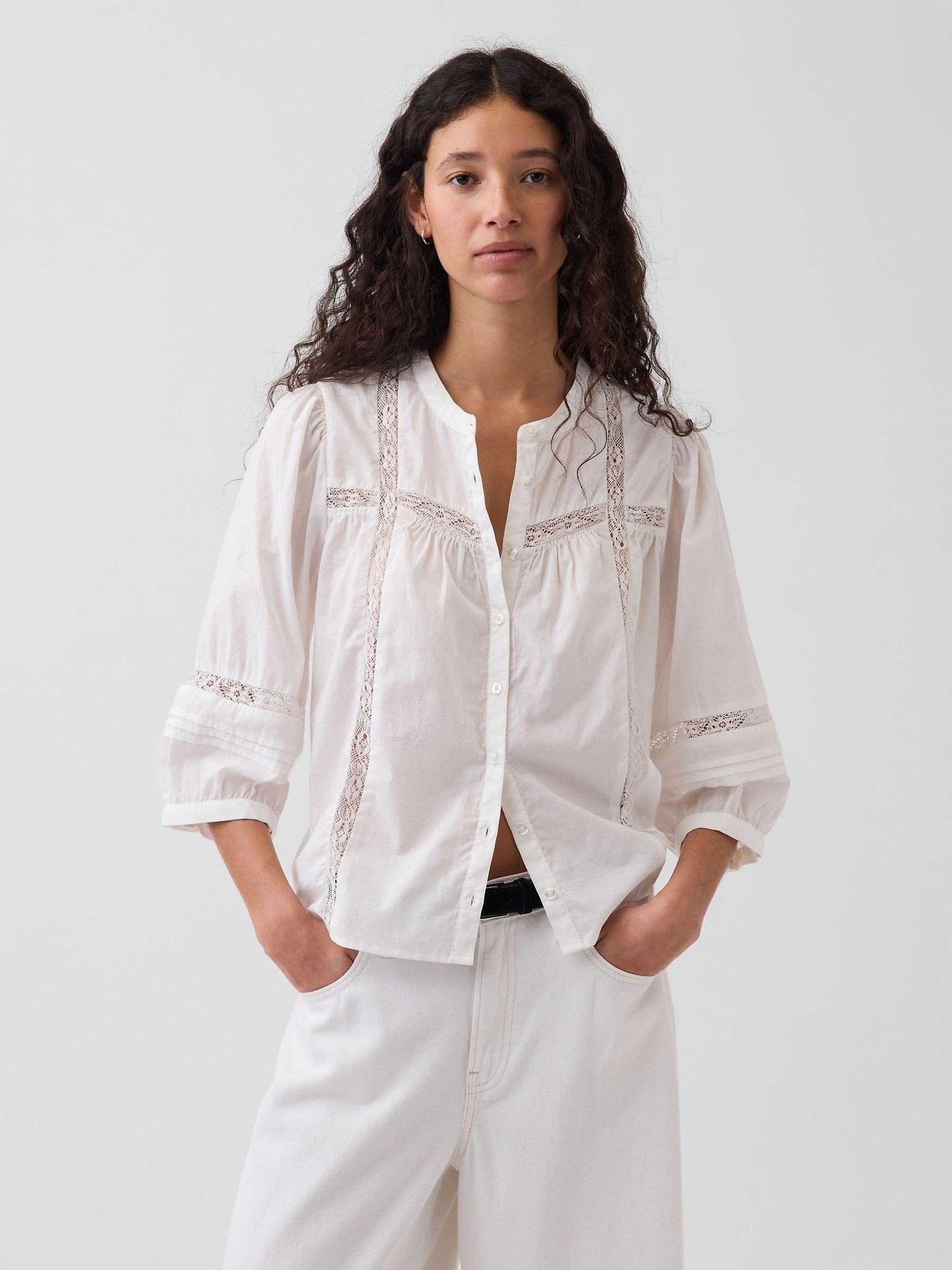 White Lace-Trim Button-Front Swing Top - Image 1 of 4