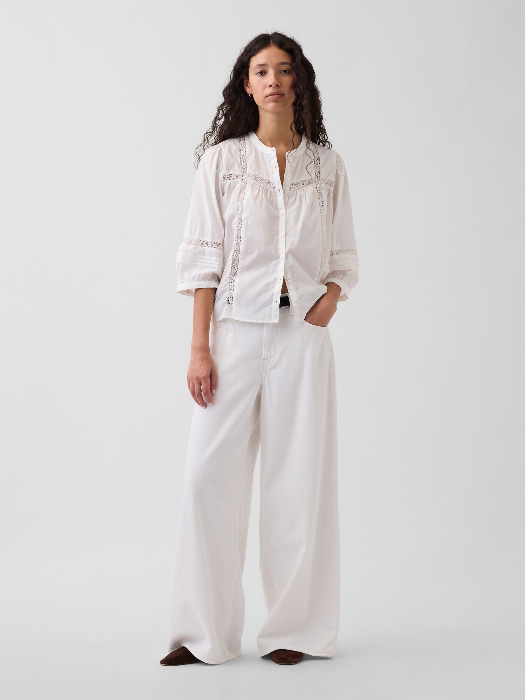 White Lace-Trim Button-Front Swing Top - Image 3 of 4