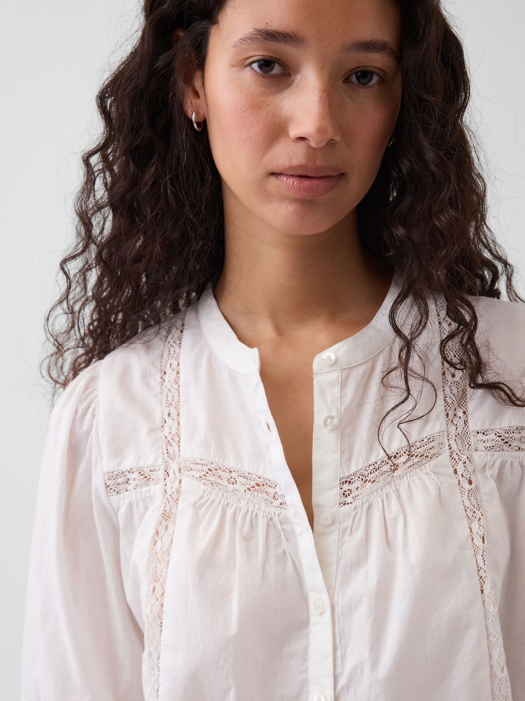 White Lace-Trim Button-Front Swing Top - Image 4 of 4