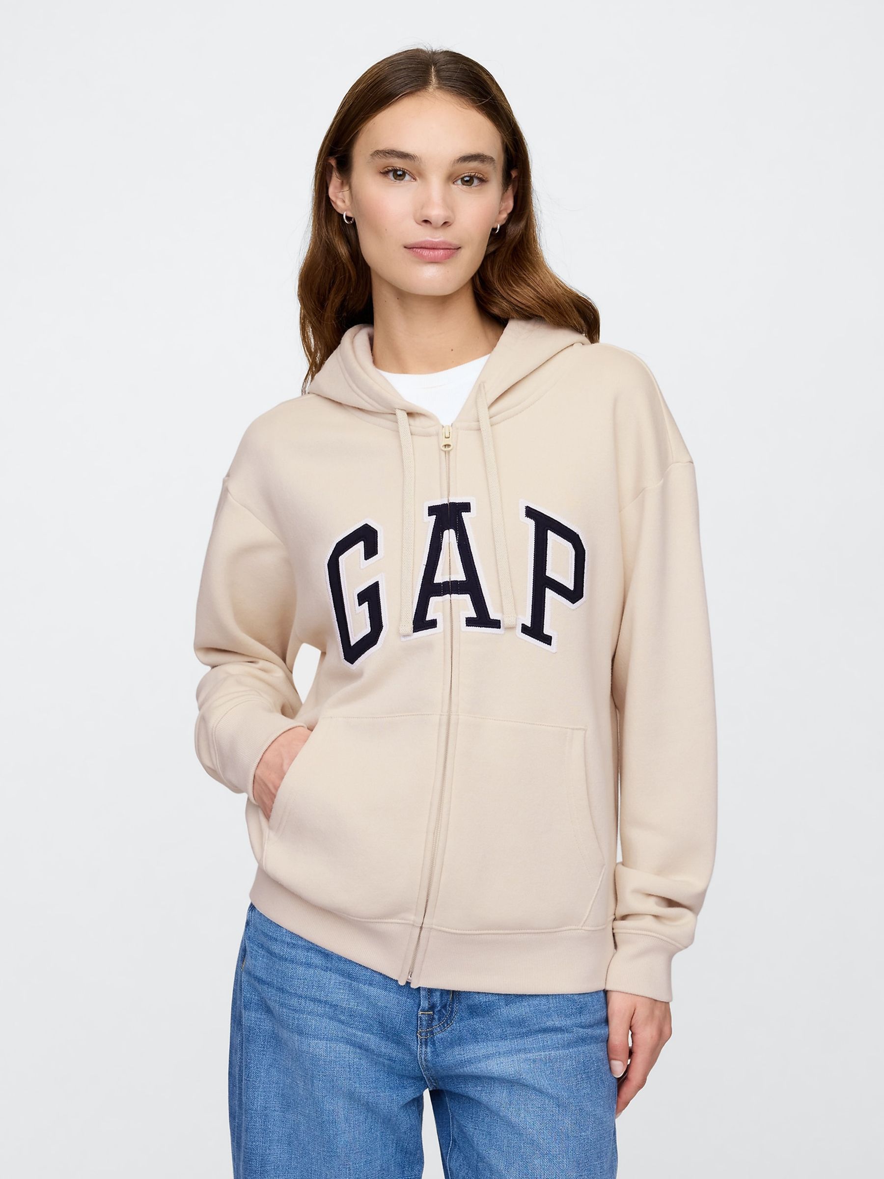 Beige Relaxed Logo Zip-Up Hoodie - Image 1 of 5 Beige Relaxed Logo Zip-Up Hoodie - Image 1 of 5