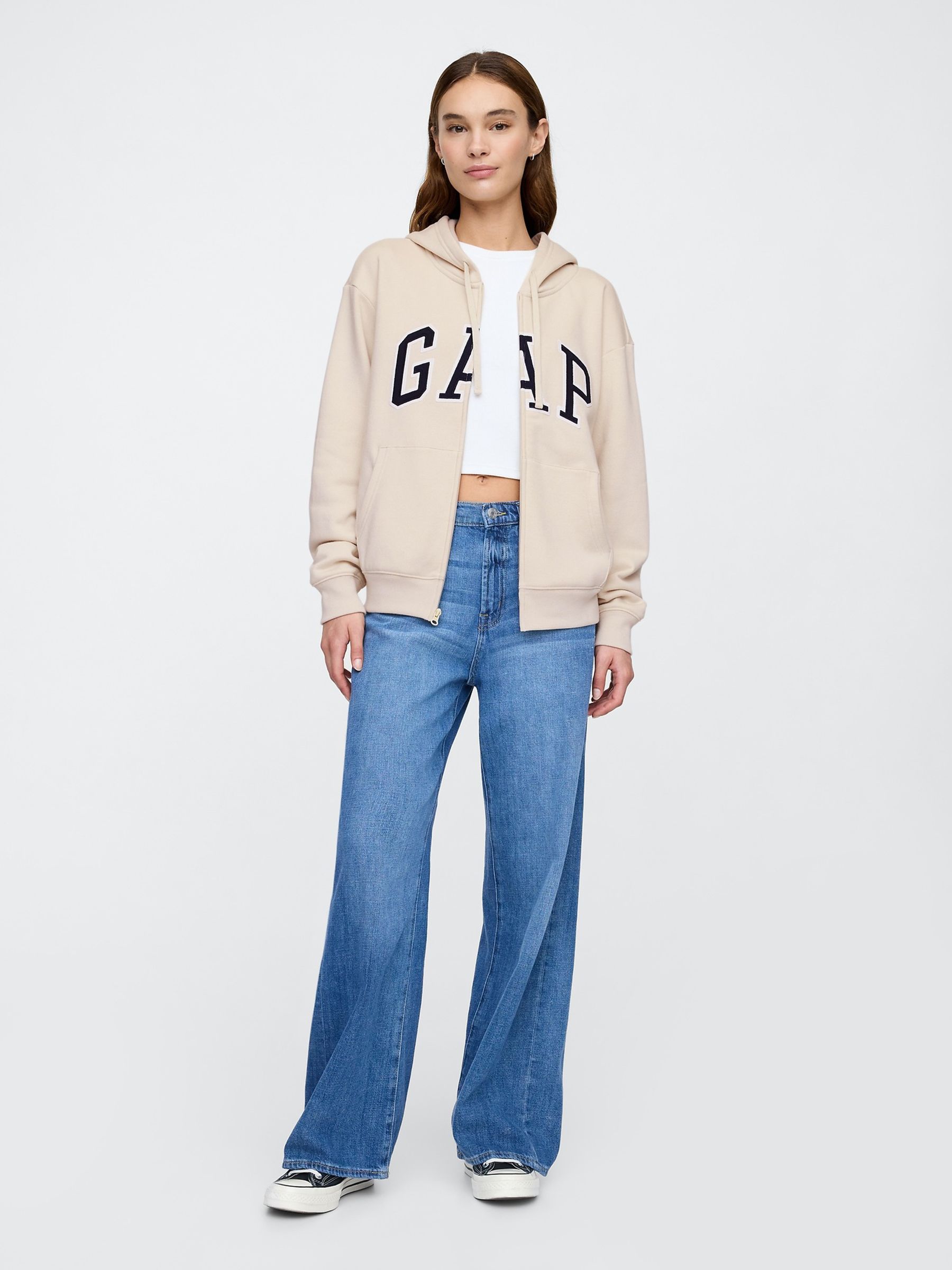 Beige Relaxed Logo Zip-Up Hoodie - Image 3 of 5