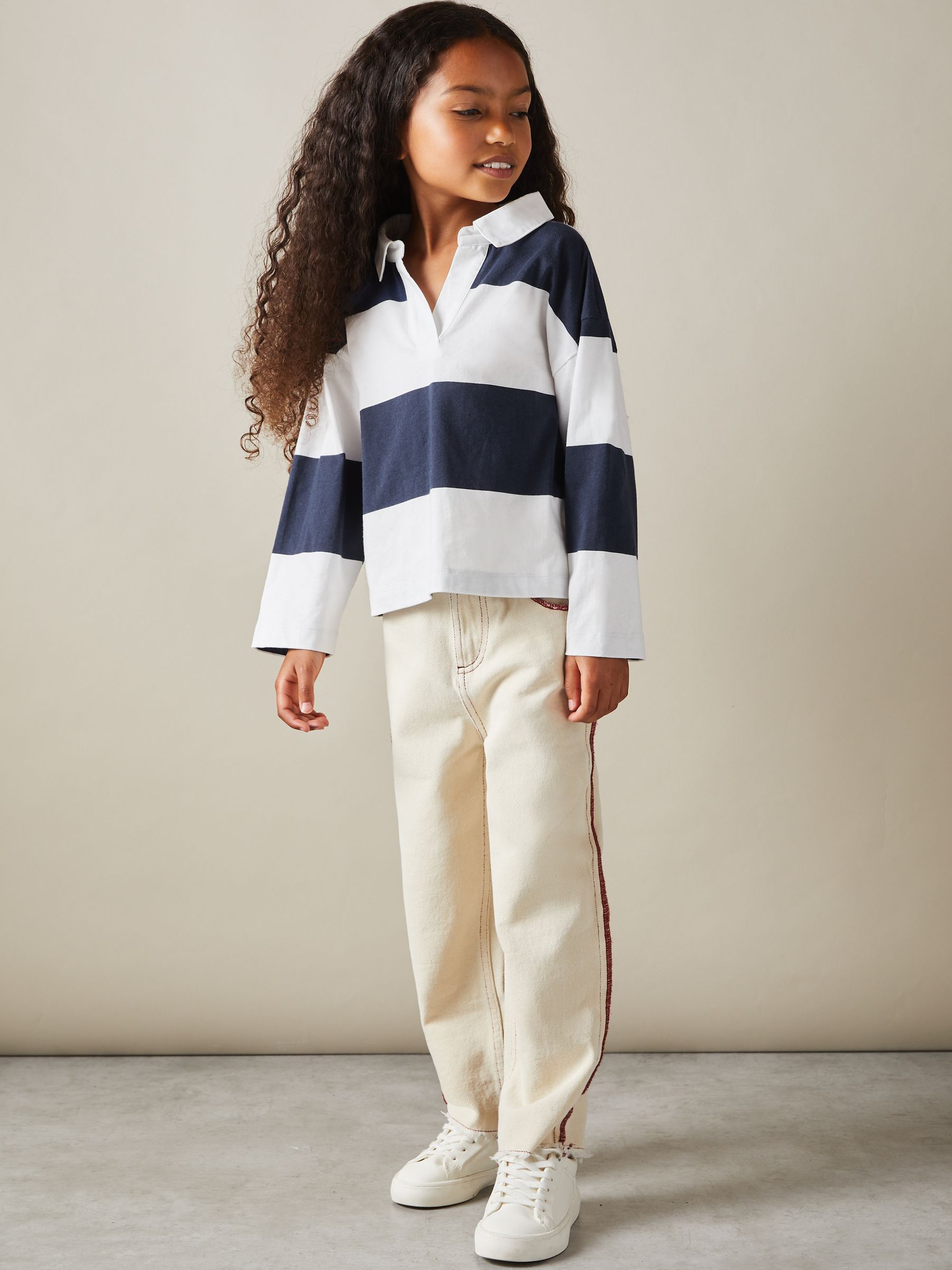 Teen Oversized Cotton Striped Open-Collar Rugby Top in Navy - Image 2 of 4