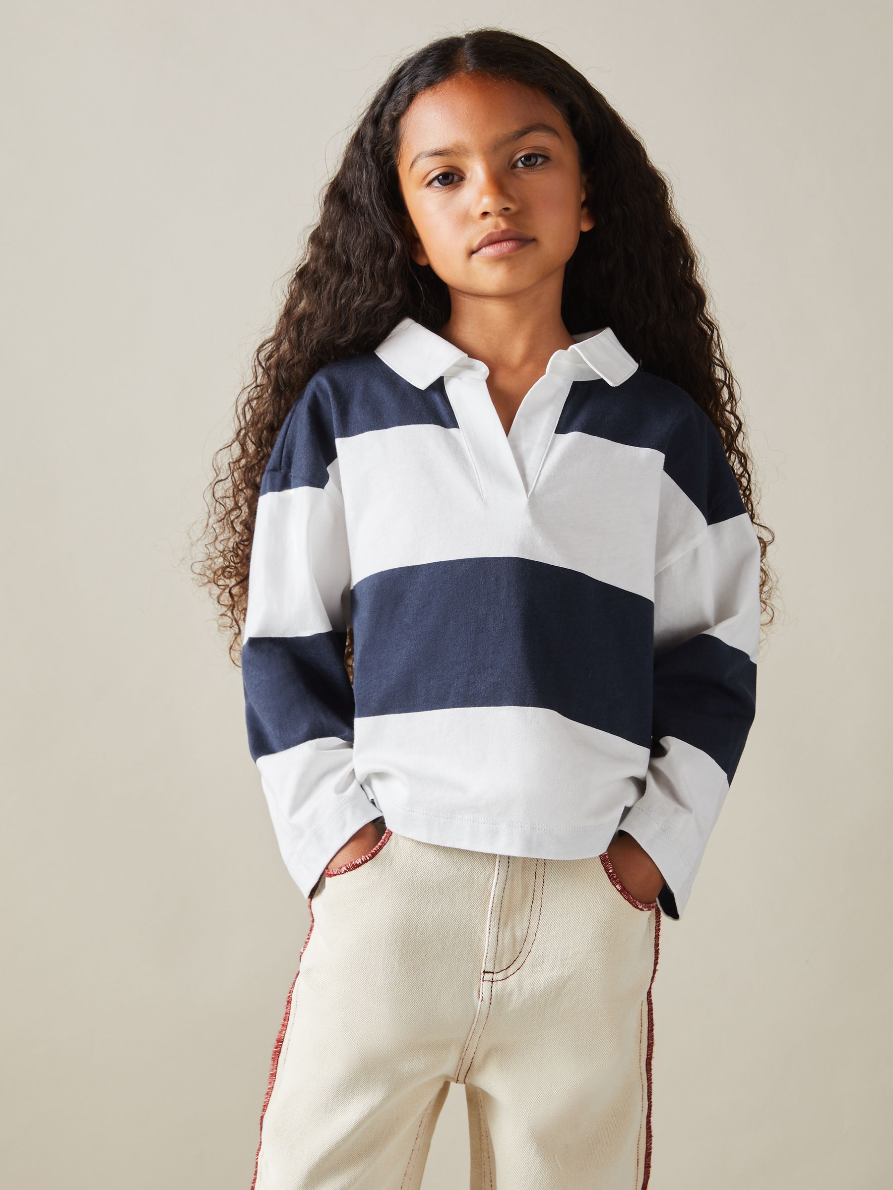 Teen Oversized Cotton Striped Open-Collar Rugby Top in Navy - Image 3 of 4