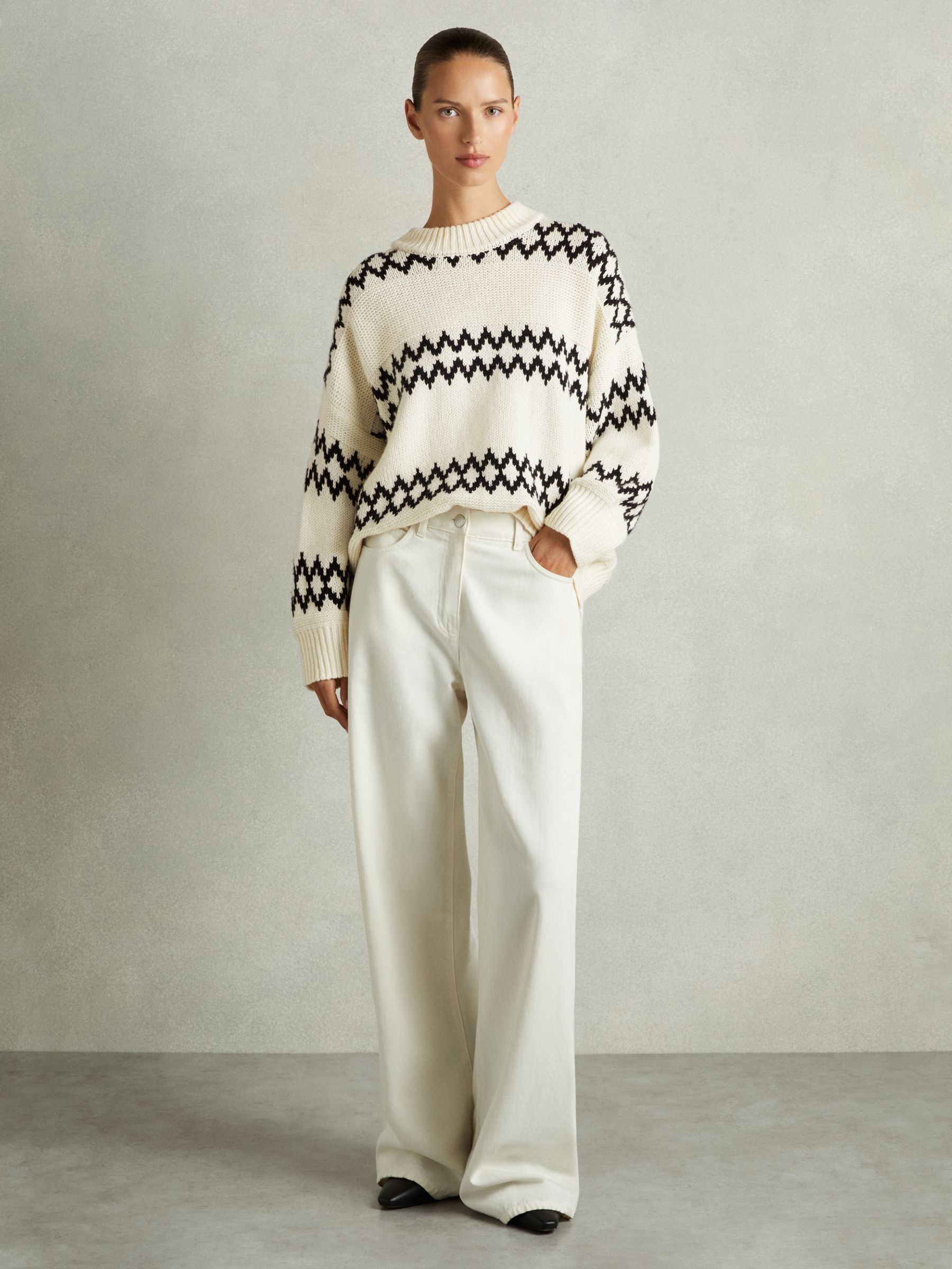 Wool-Blend Fairisle Pattern Jumper in Cream/Black - Image 3 of 6
