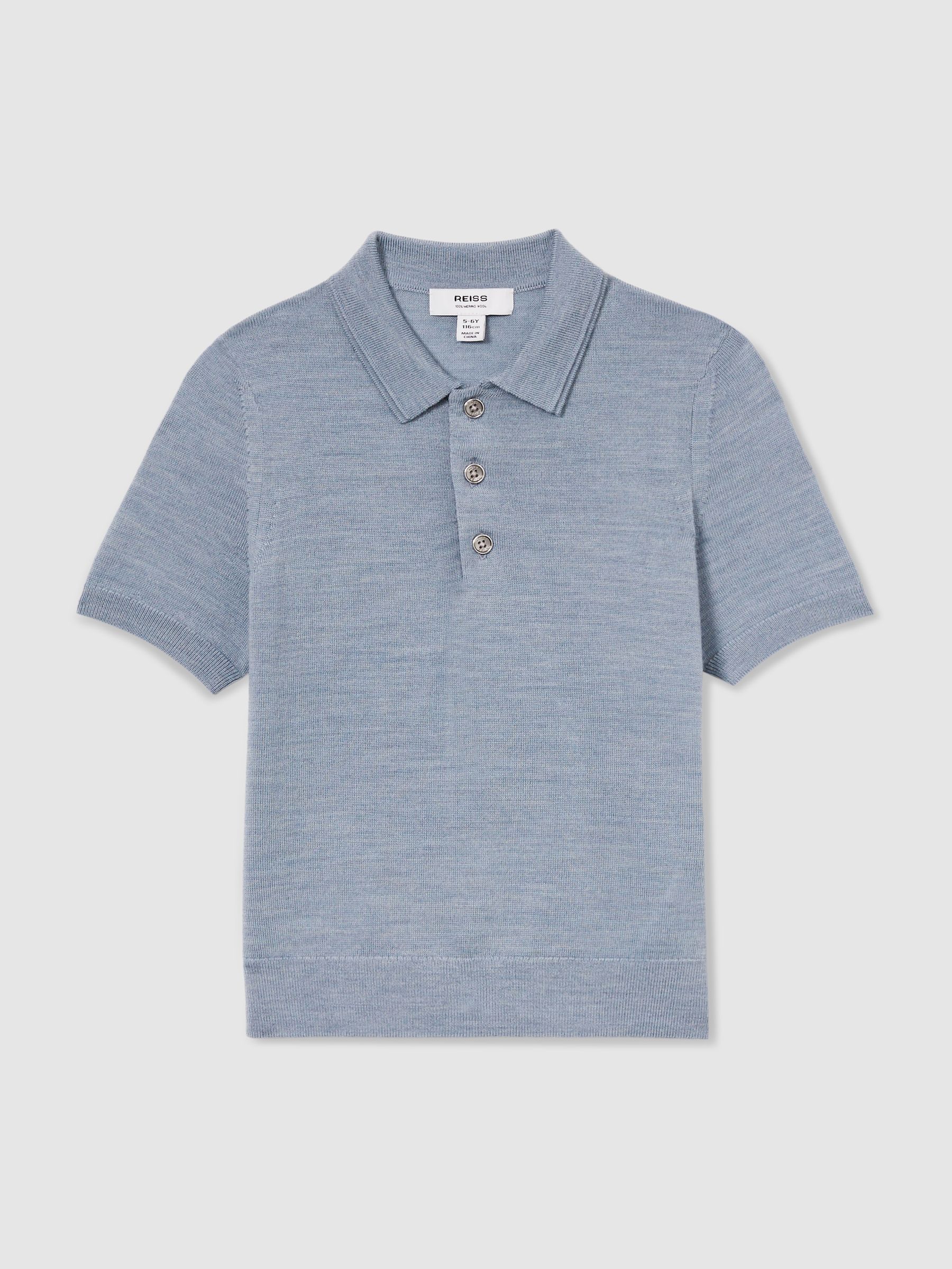3-9 yrs Merino Polo Shirt in Soft Blue Melange - Image 2 of 4