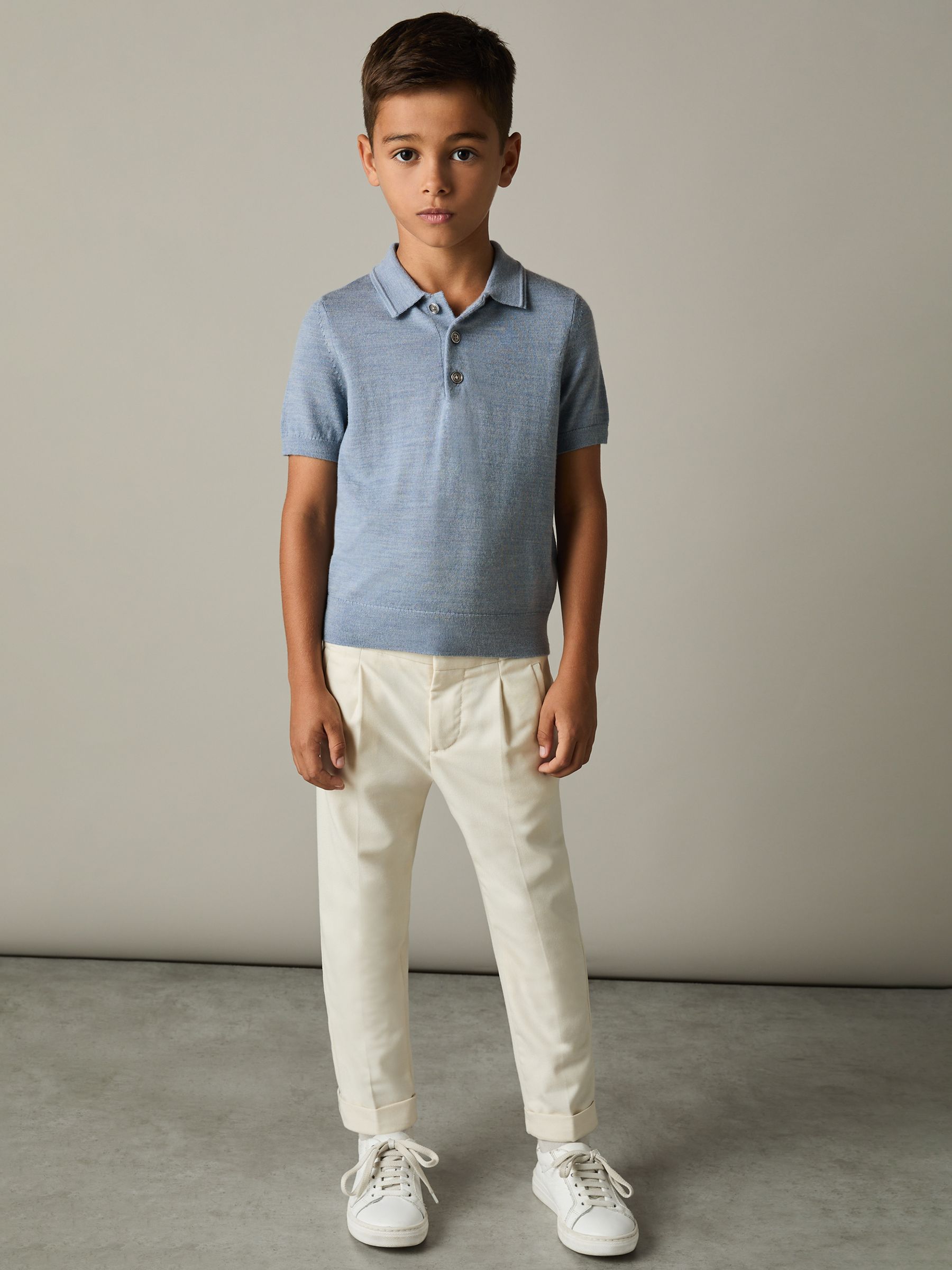 3-9 yrs Merino Polo Shirt in Soft Blue Melange - Image 3 of 4