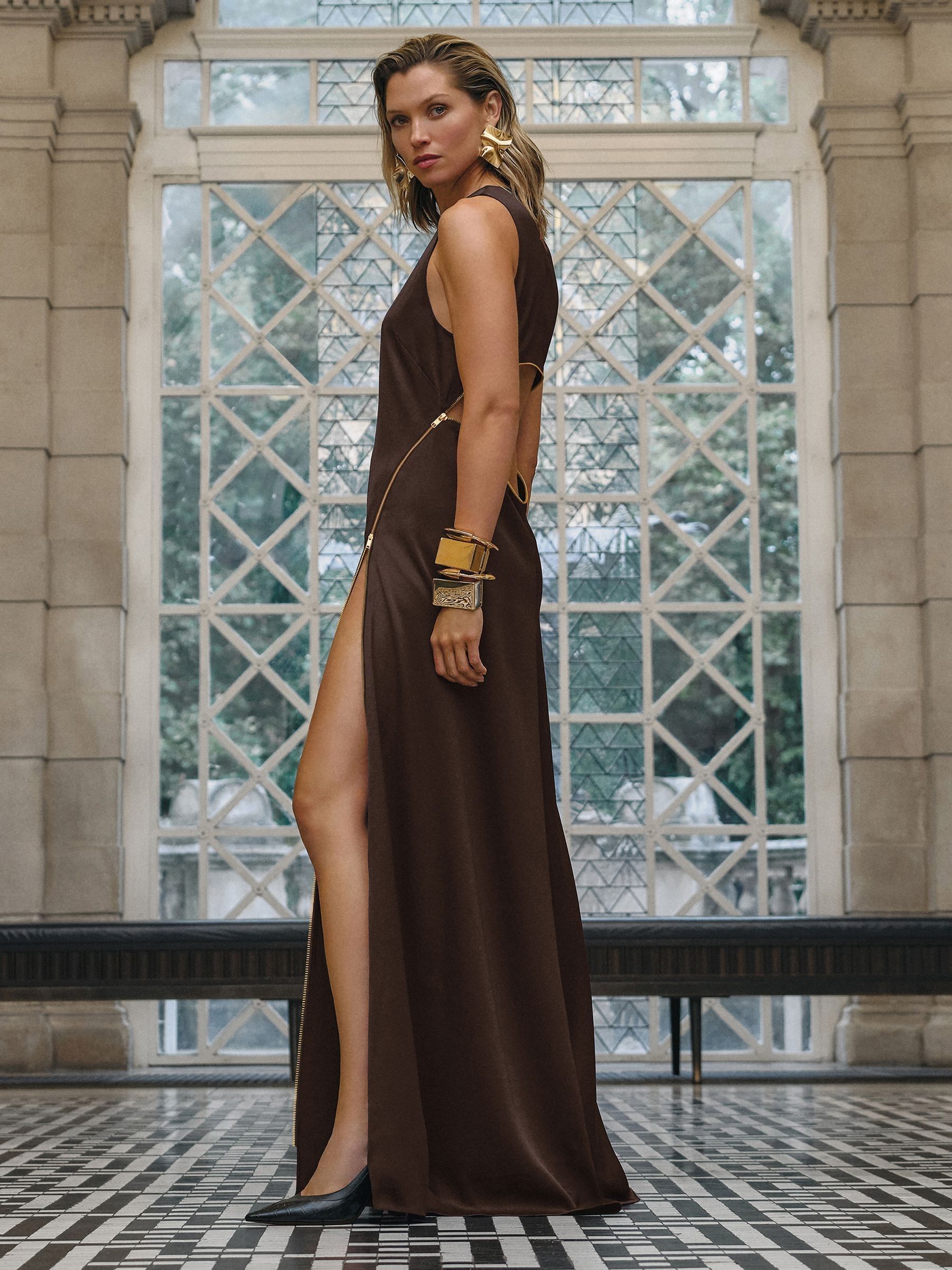 Atelier Zipped Satin Maxi Dress with Virgin Wool in Chocolate - Image 1 of 7