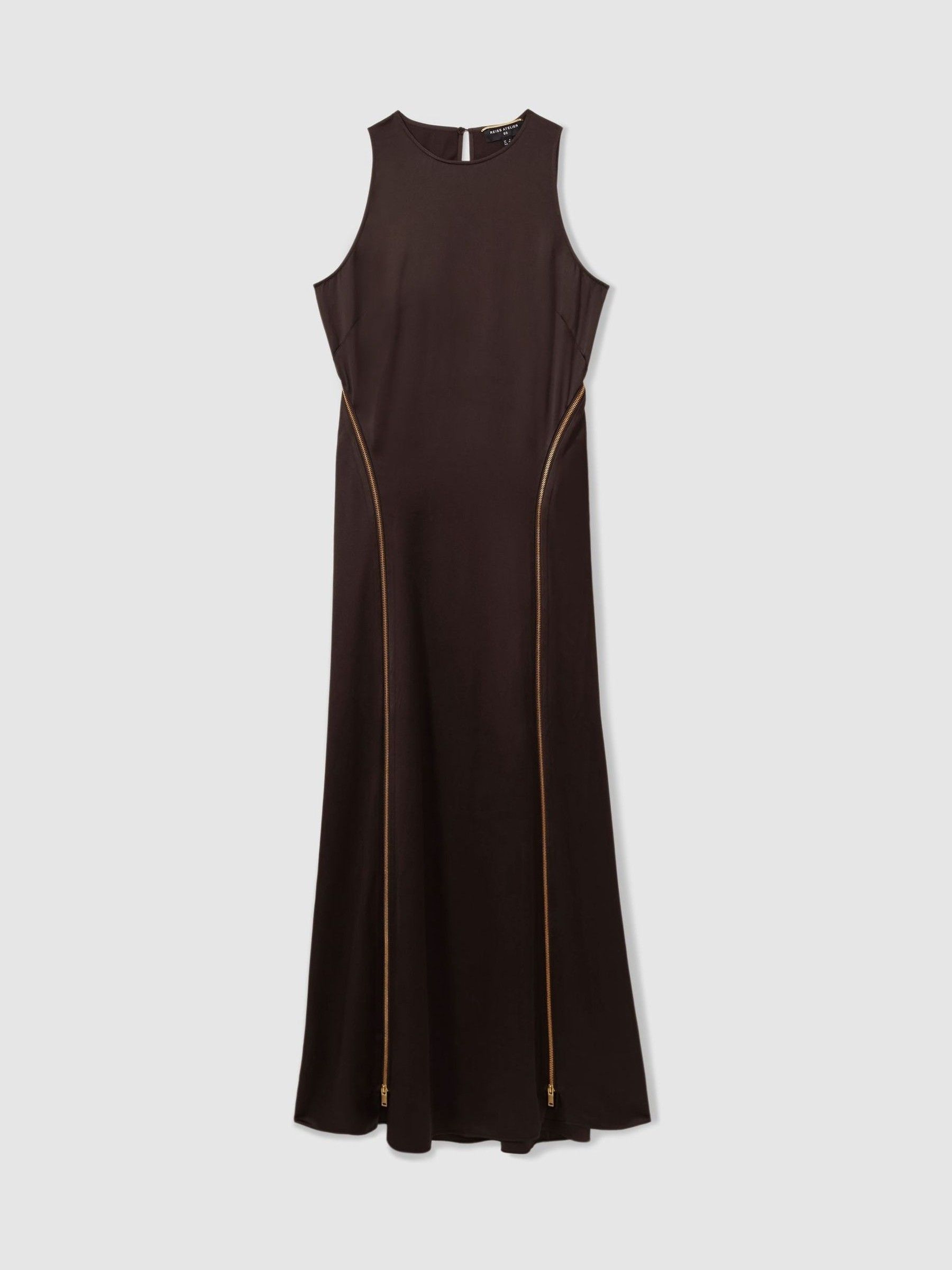 Atelier Zipped Satin Maxi Dress with Virgin Wool in Chocolate - Image 2 of 7