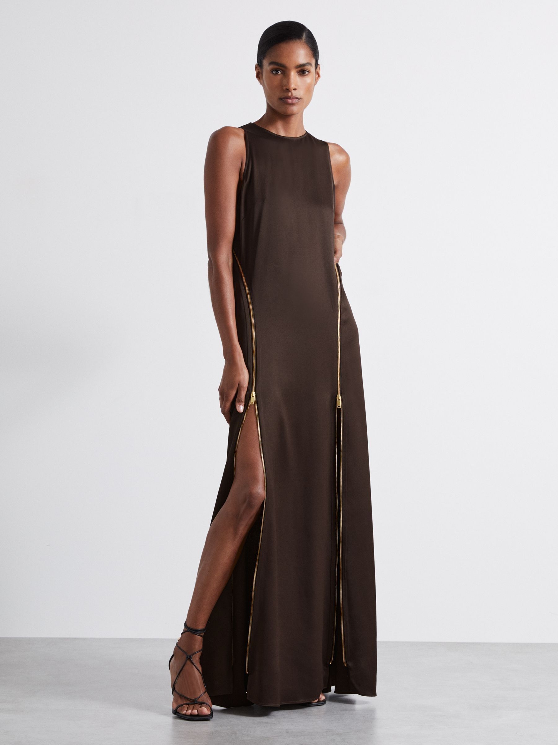 Atelier Zipped Satin Maxi Dress with Virgin Wool in Chocolate - Image 3 of 7