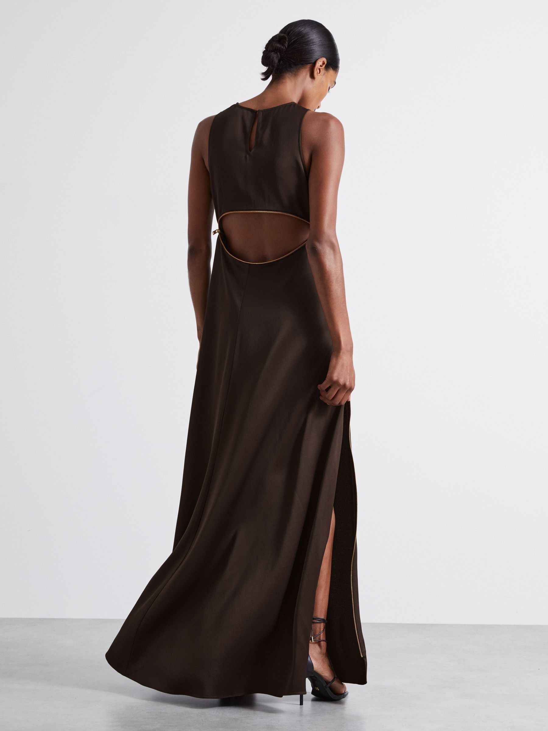 Atelier Zipped Satin Maxi Dress with Virgin Wool in Chocolate - Image 5 of 7