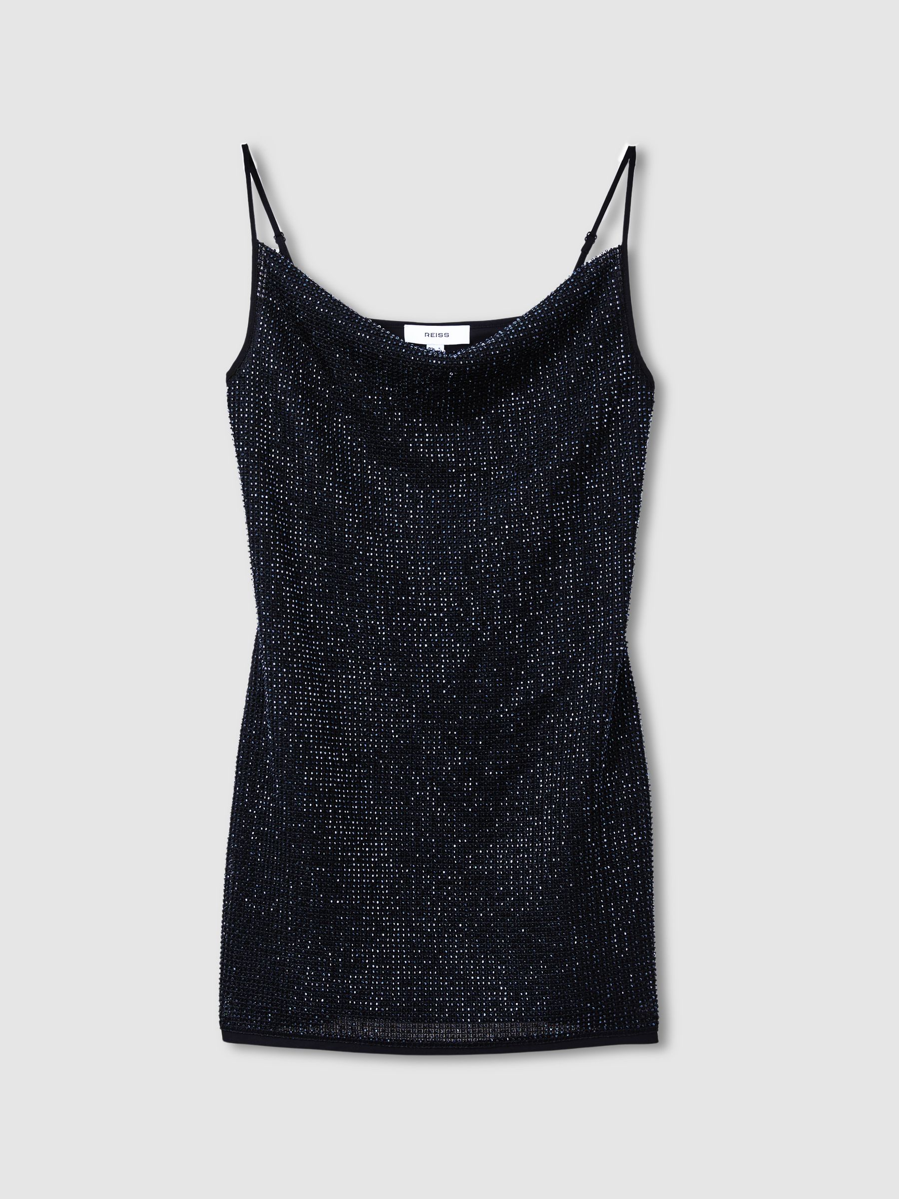 Cowl-Neck Beaded Mini Dress in Dark Blue - Image 2 of 5