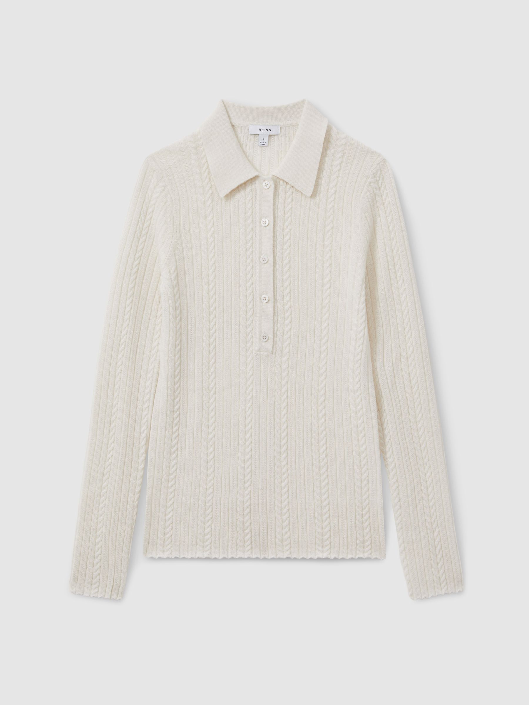 Wool Cable Knit Polo Neck Jumper in Cream - Image 2 of 6