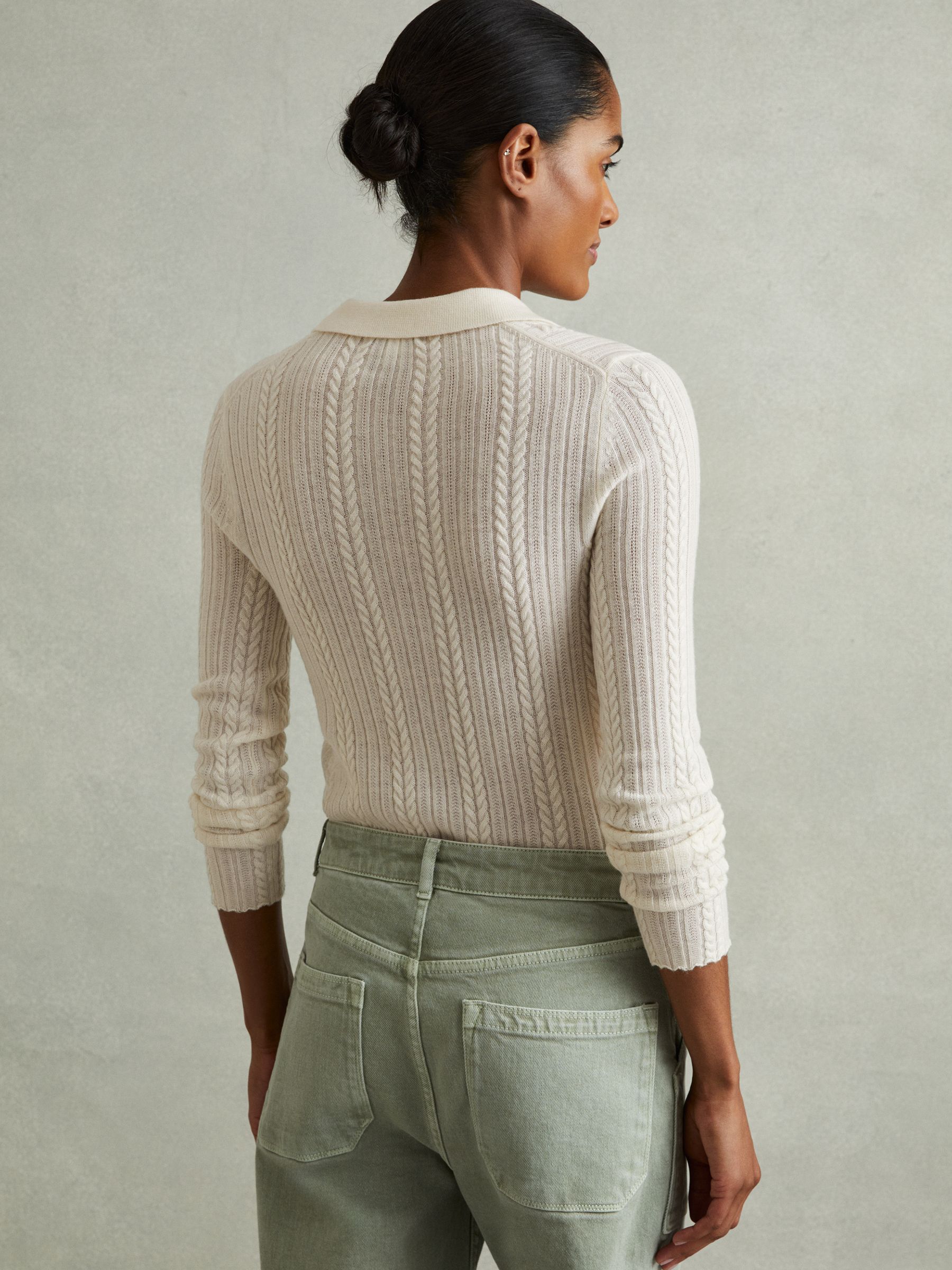 Wool Cable Knit Polo Neck Jumper in Cream - Image 5 of 6