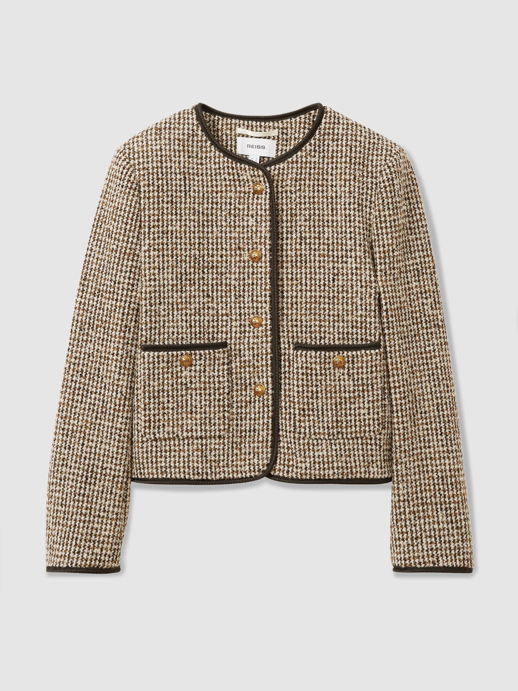 Cropped Wool Blend Tweed Jacket in Brown - Image 2 of 6